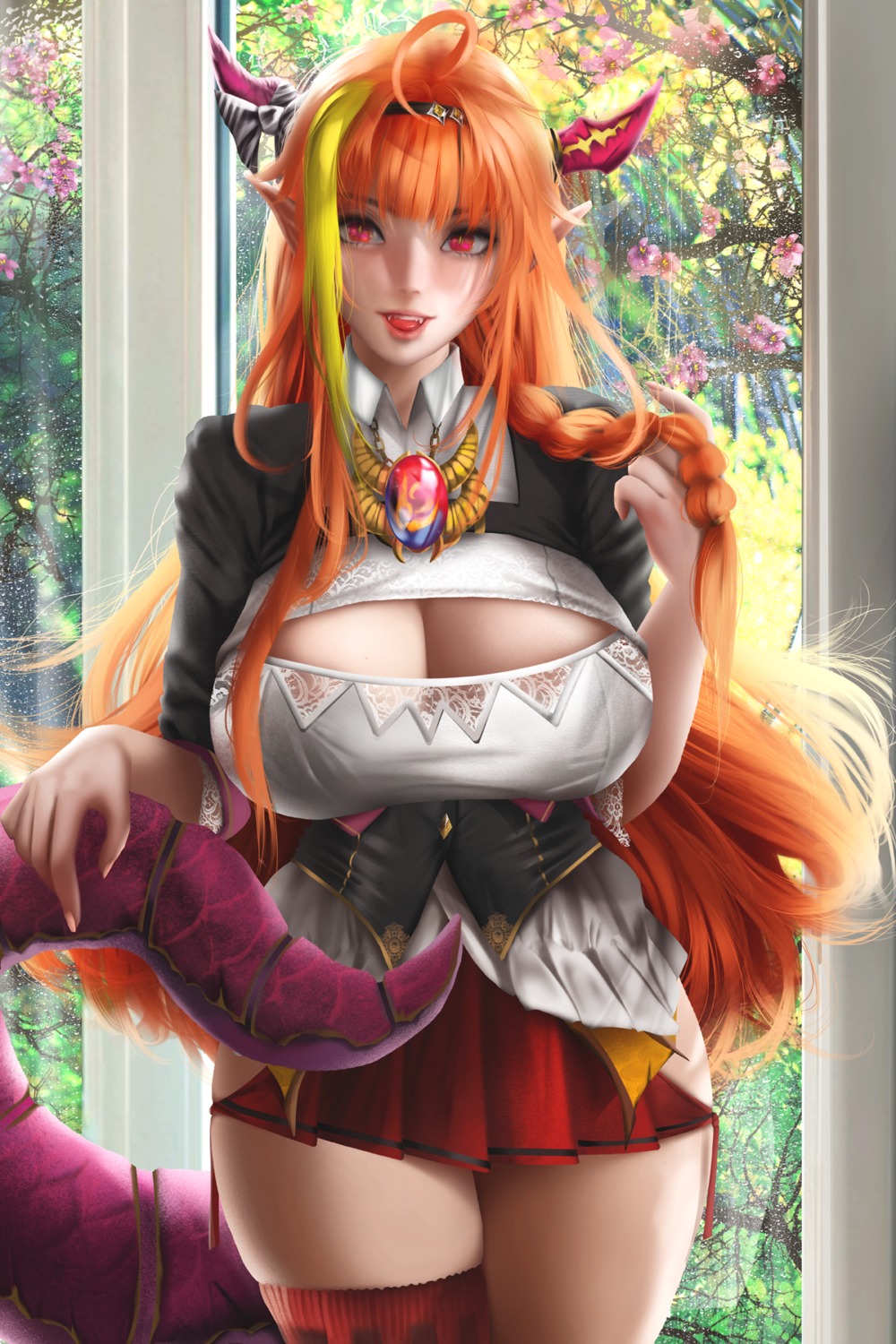 cleavage hololive horns kiryuu_coco pointy_ears tagme tail thighhighs