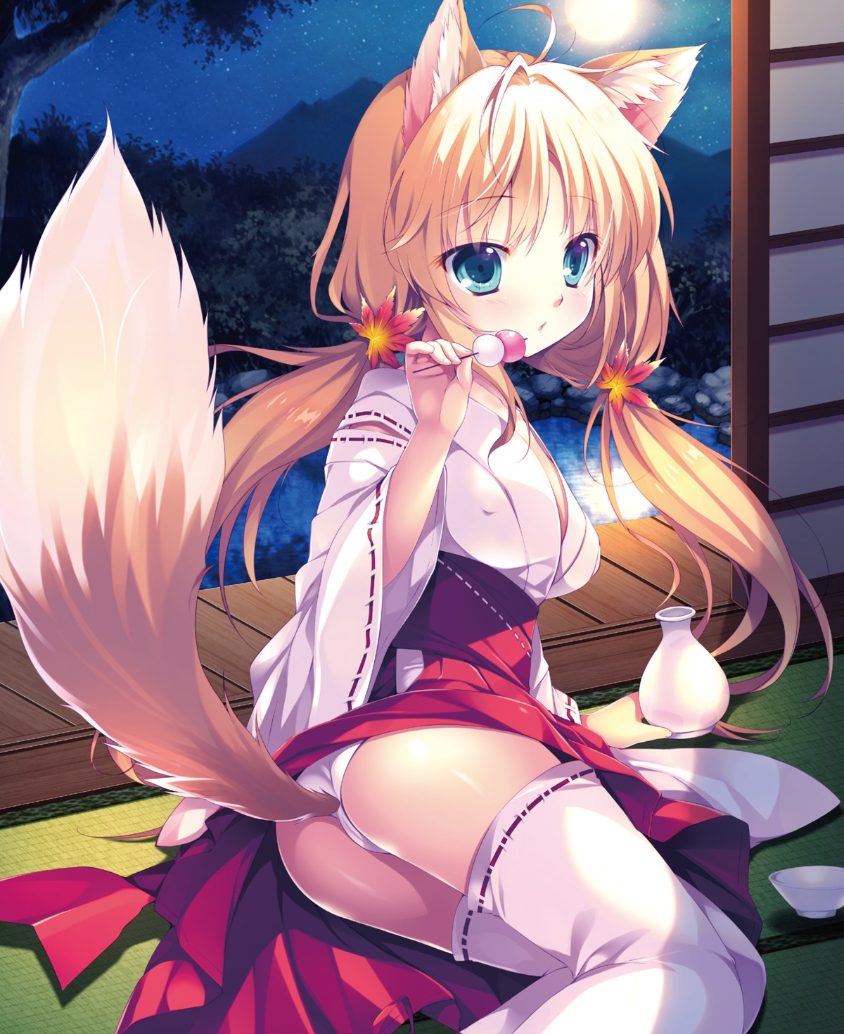 animal_ears ass cameltoe cleavage kitsune mikeou miko pantsu tail thighhighs