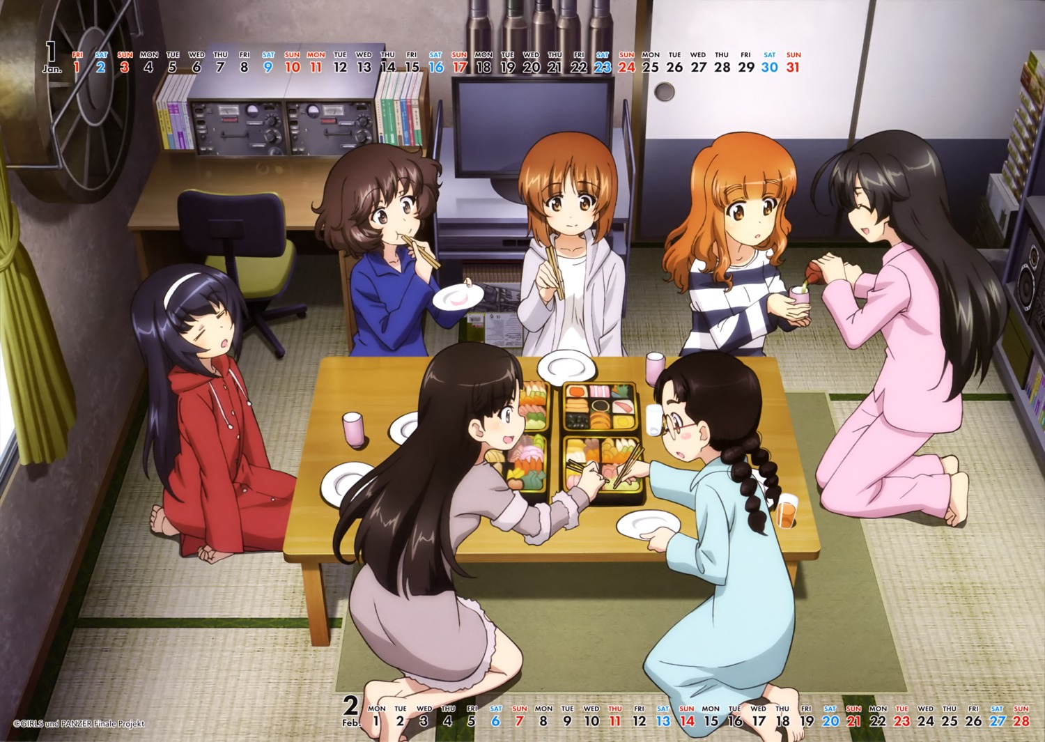 akiyama_yukari calendar fukuda_haru girls_und_panzer isuzu_hana megane nishi_kinuyo nishizumi_miho pajama reizei_mako takebe_saori