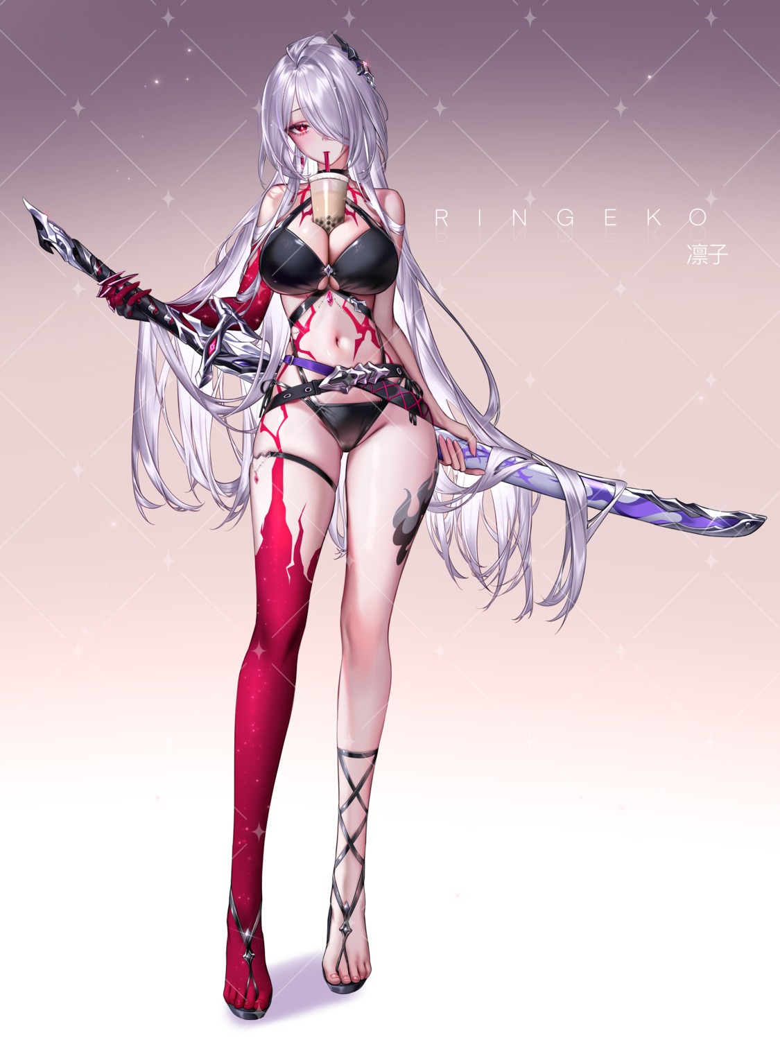 acheron bikini garter honkai:_star_rail ringeko-chan swimsuits sword tattoo