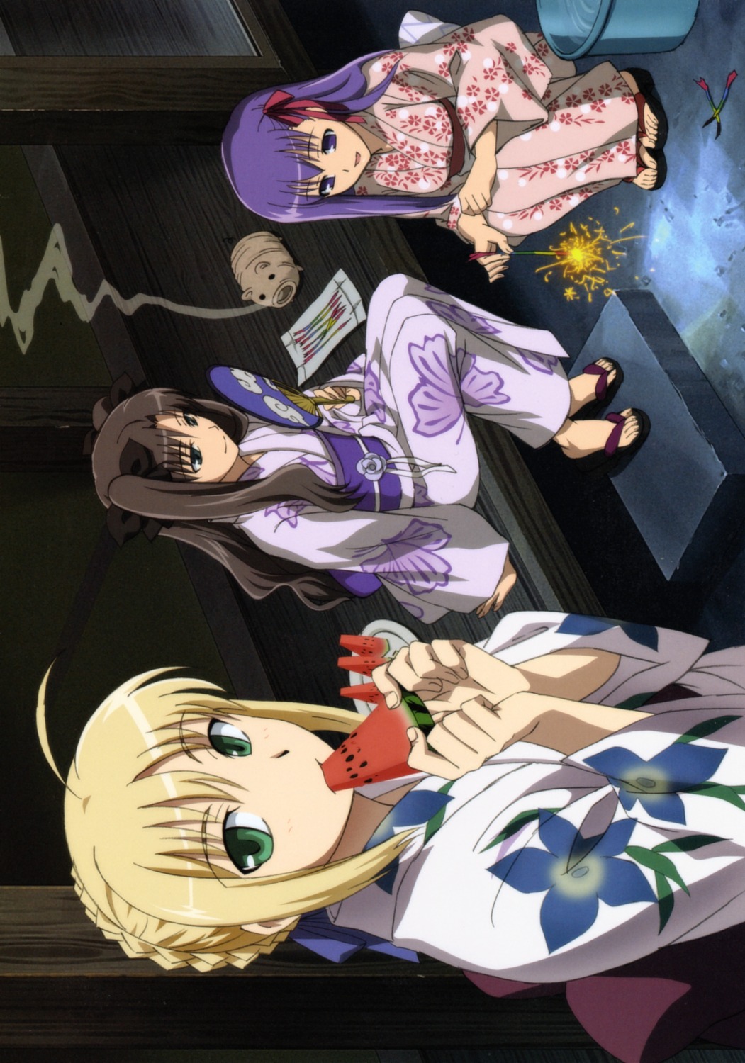 emori_mariko fate/stay_night matou_sakura saber toosaka_rin yukata