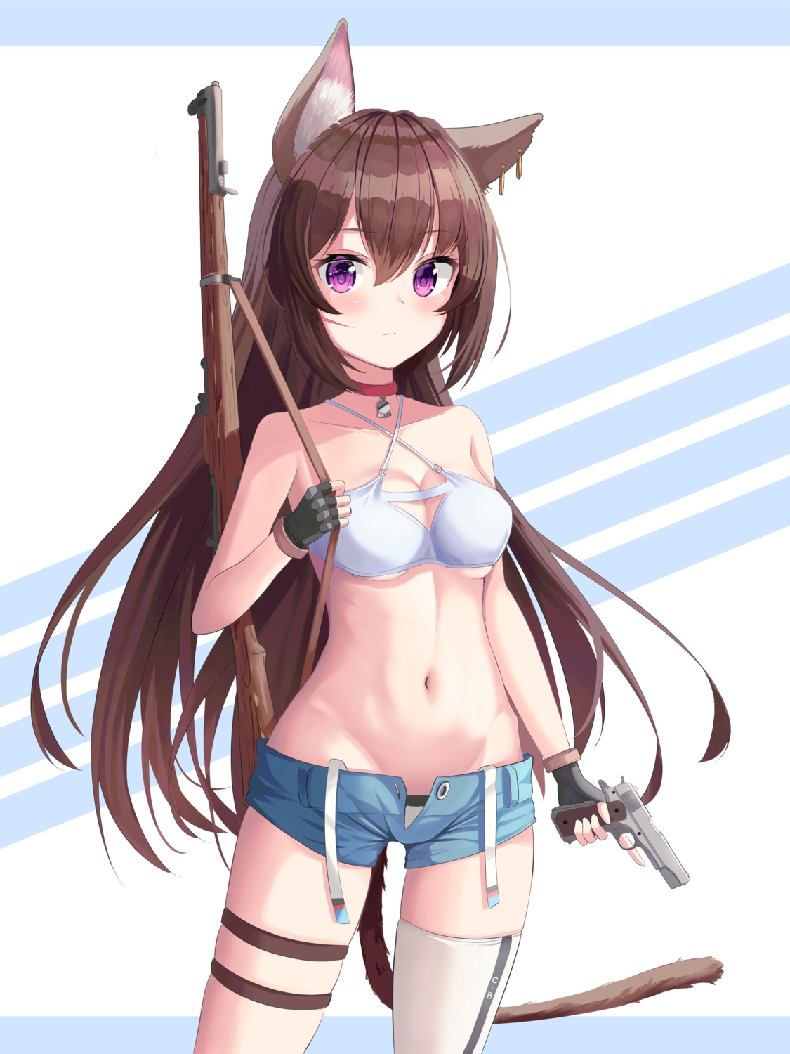 animal_ears bikini chun_bae cleavage garter gun swimsuits tail thighhighs underboob