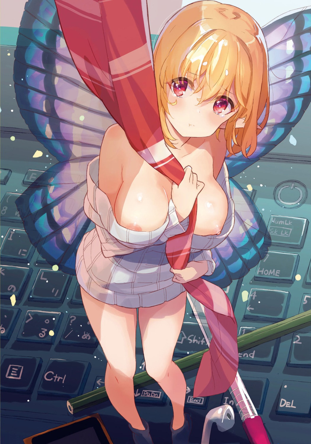 areola breast_hold breasts fairy nipples no_bra open_shirt pointy_ears sweater tetsujin_momoko wings