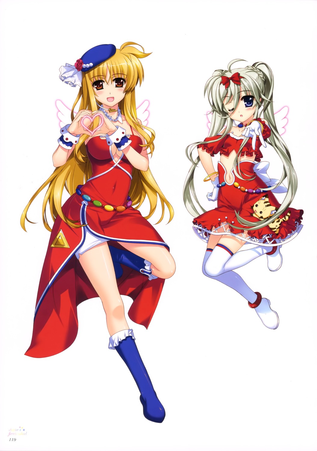 asteion cleavage dress einhart_stratos fate_testarossa fujima_takuya mahou_shoujo_lyrical_nanoha mahou_shoujo_lyrical_nanoha_vivid thighhighs wings