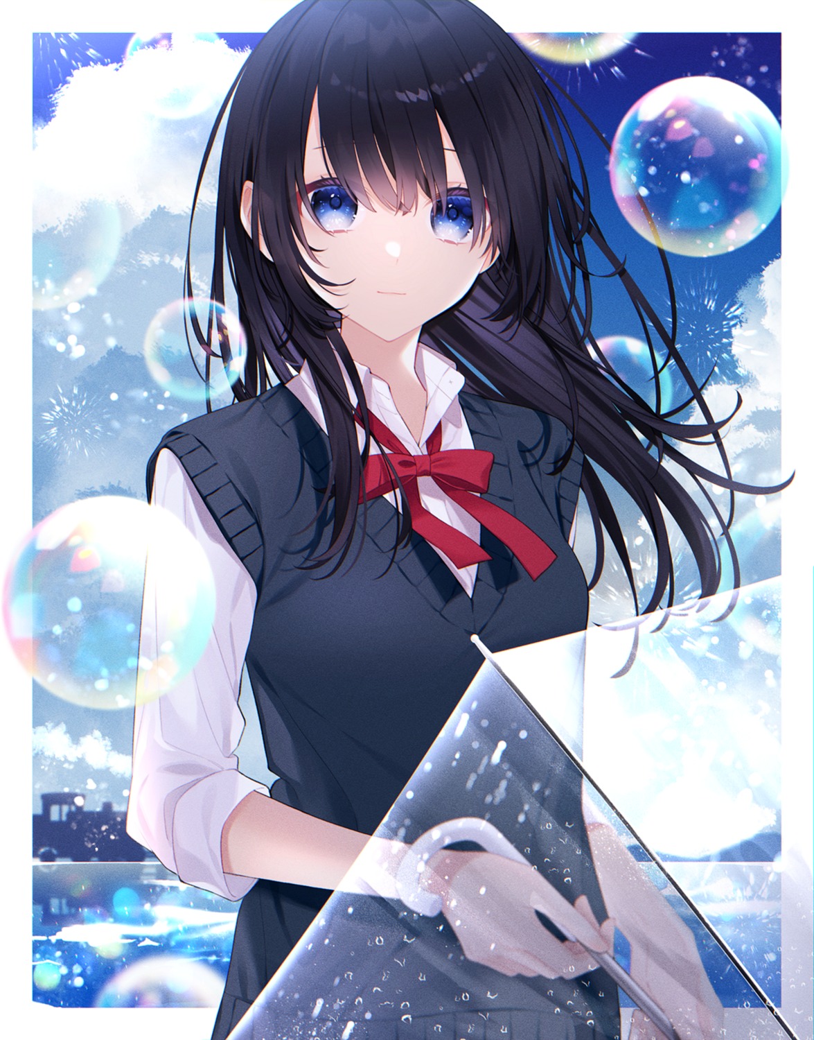 kaminagi_aohi_(k_aohi) seifuku sweater umbrella wet