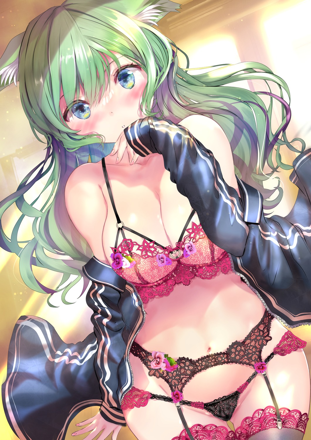 animal_ears bra garter_belt lingerie ogata_tei pantsu stockings sweater thighhighs