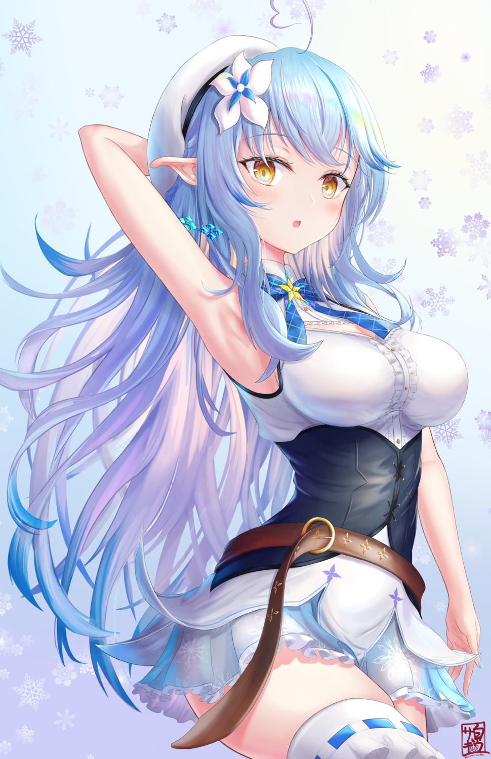 cleavage elf hololive pointy_ears see_through shirousagi_(sirousagi1998) skirt_lift thighhighs yukihana_lamy