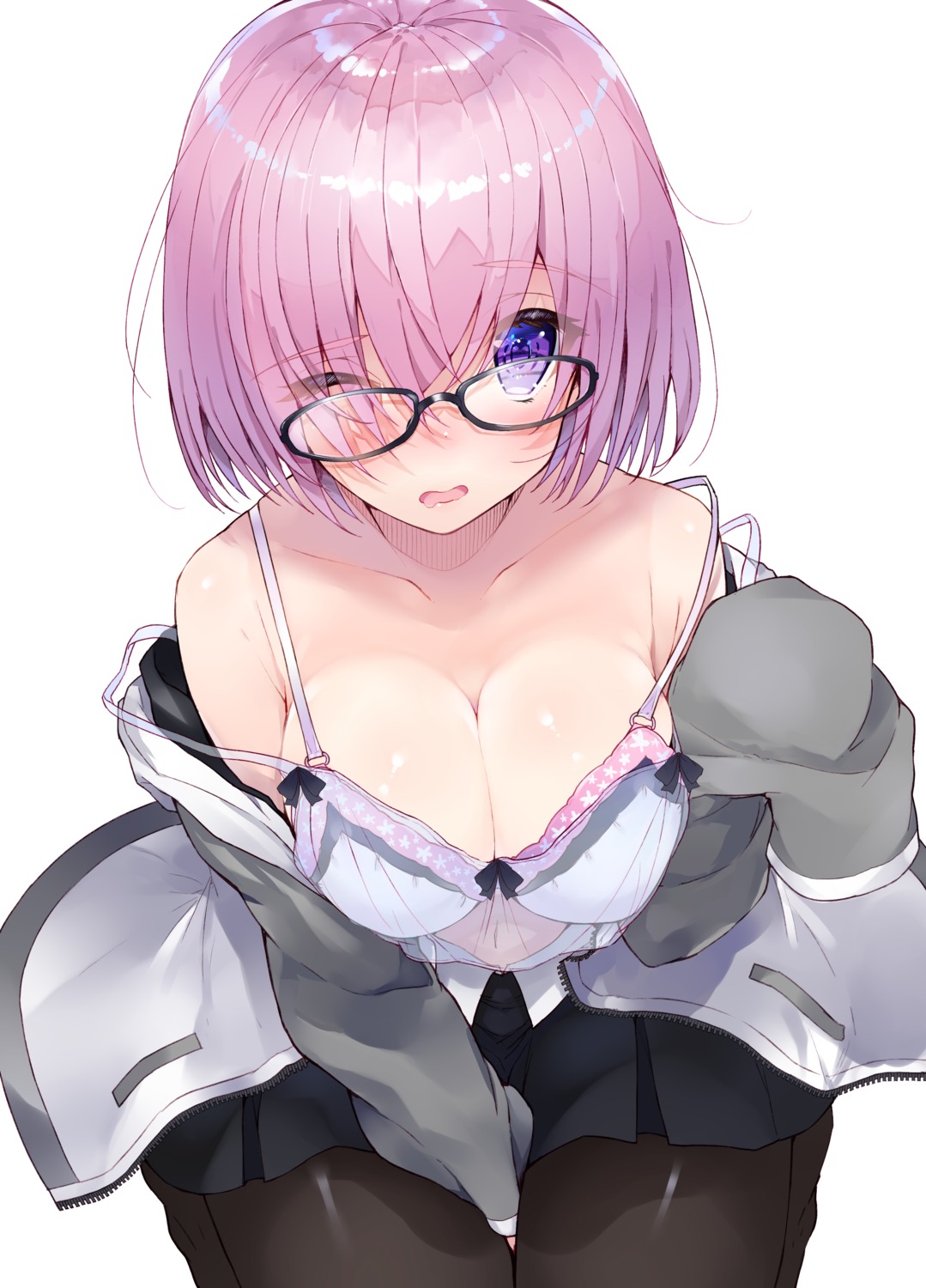 bra cleavage fate/grand_order kou_mashiro lingerie mash_kyrielight megane open_shirt pantyhose see_through