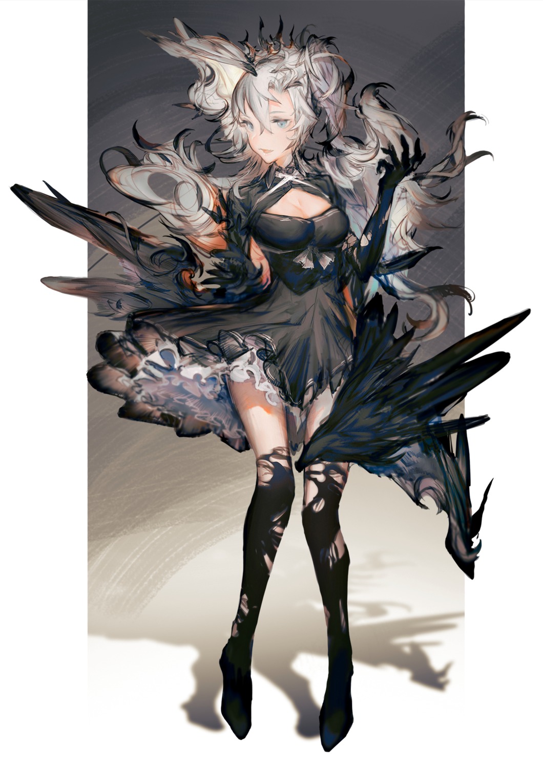 cleavage dress nonokuro thighhighs torn_clothes wings