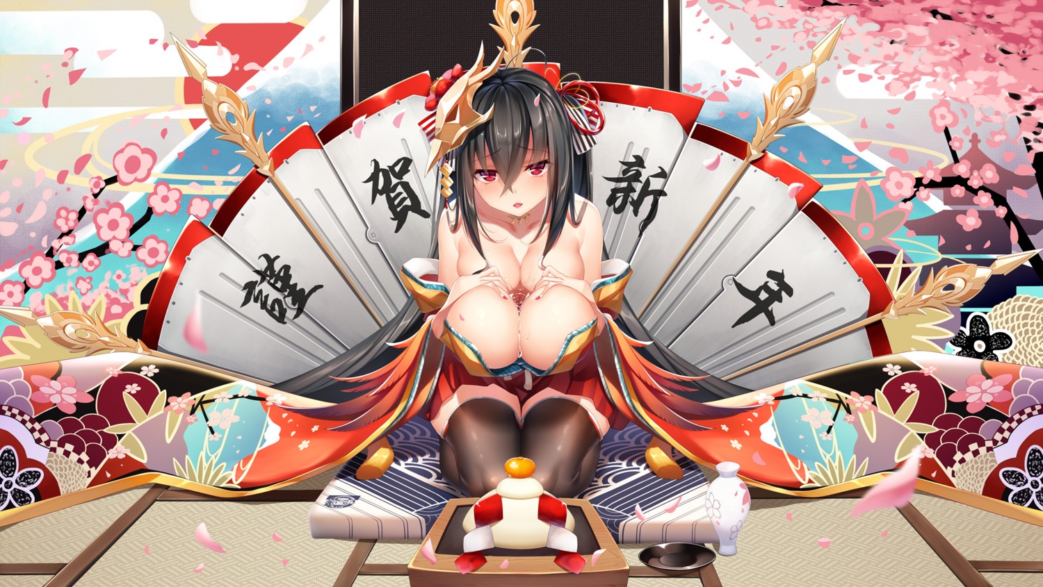 azur_lane breast_grab japanese_clothes meion no_bra open_shirt taihou_(azur_lane) thighhighs wet