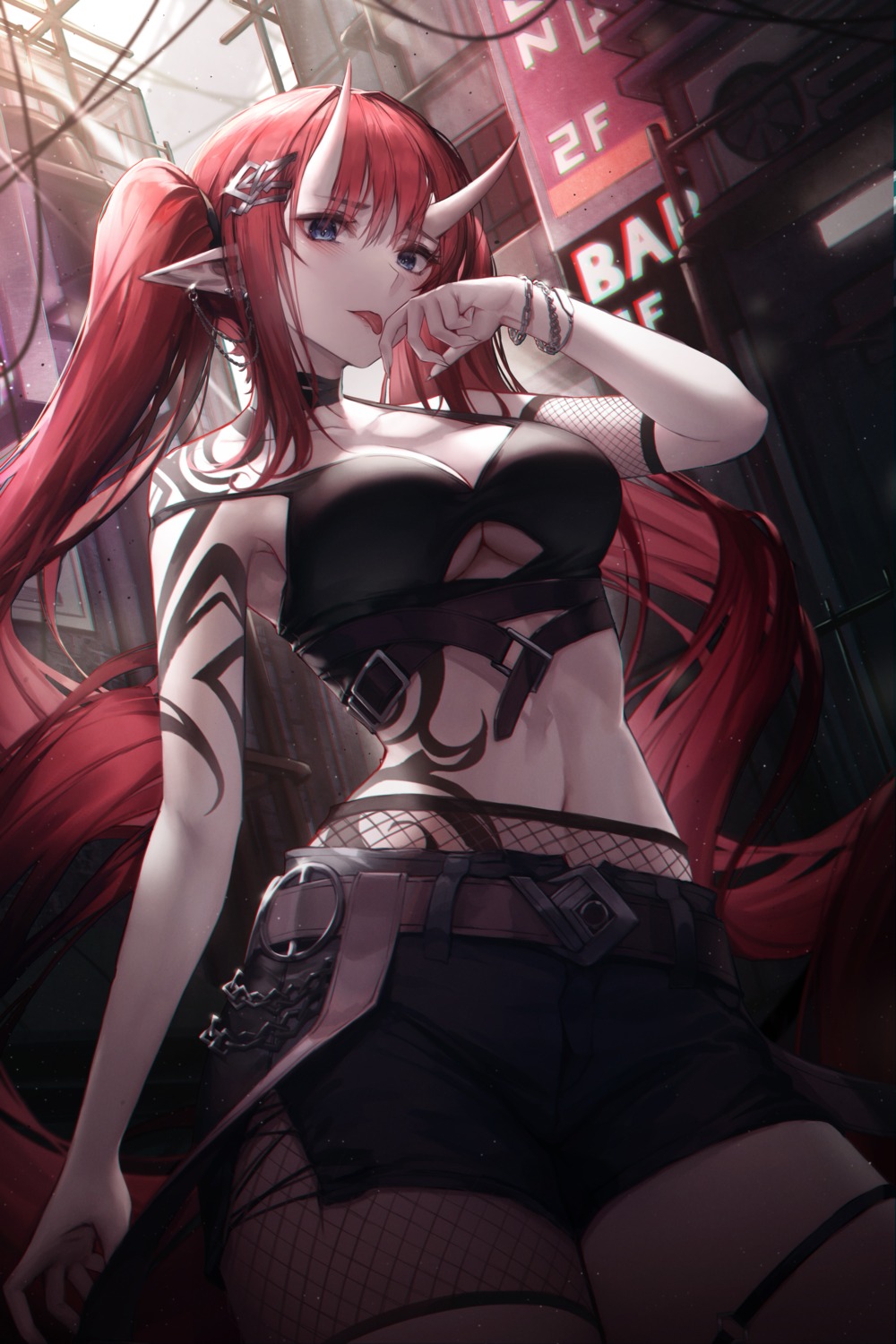 chyopeuteu cleavage fishnets garter horns pointy_ears tattoo