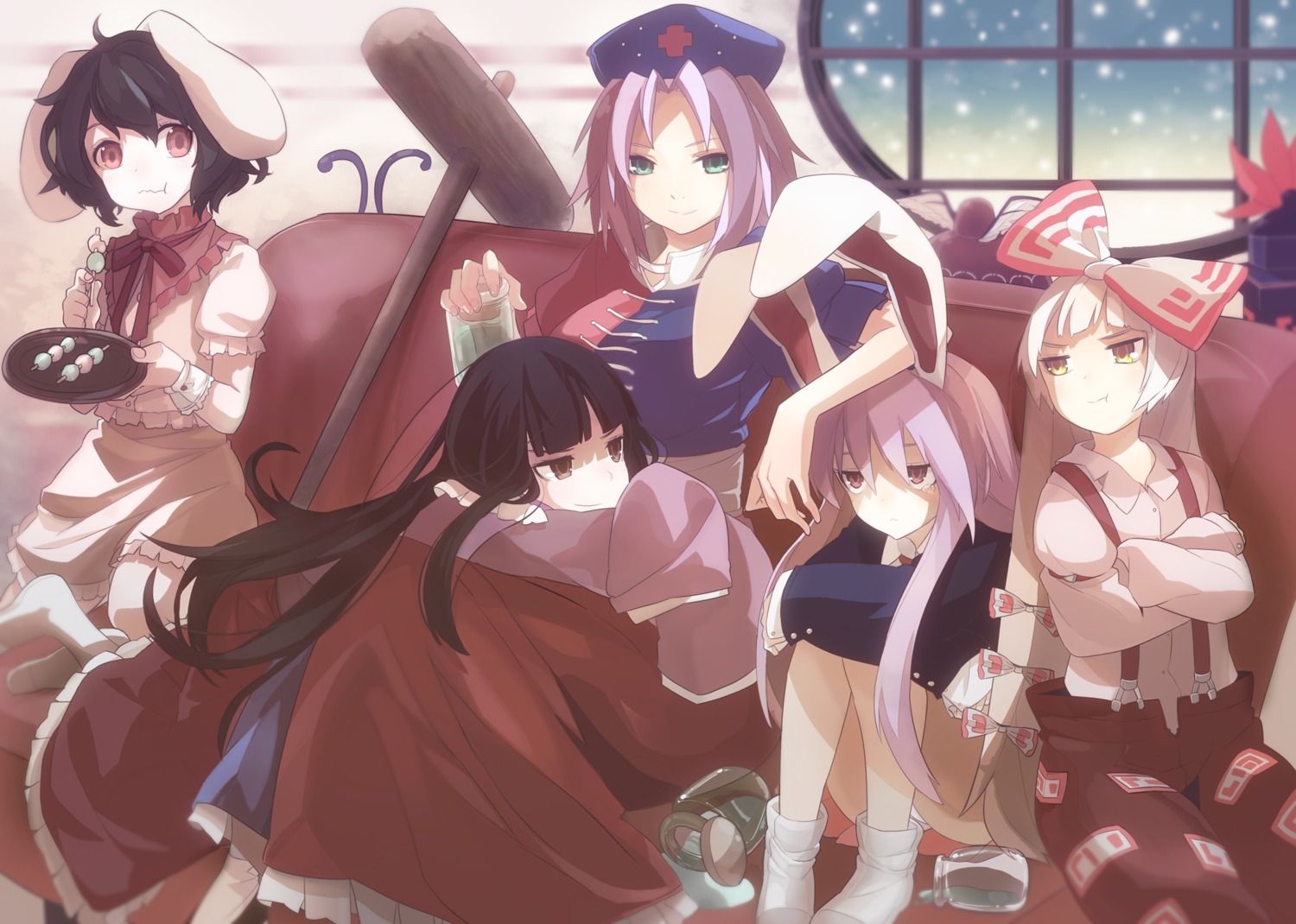 fujiwara_no_mokou houraisan_kaguya inaba_tewi reisen_udongein_inaba tokichi touhou yagokoro_eirin