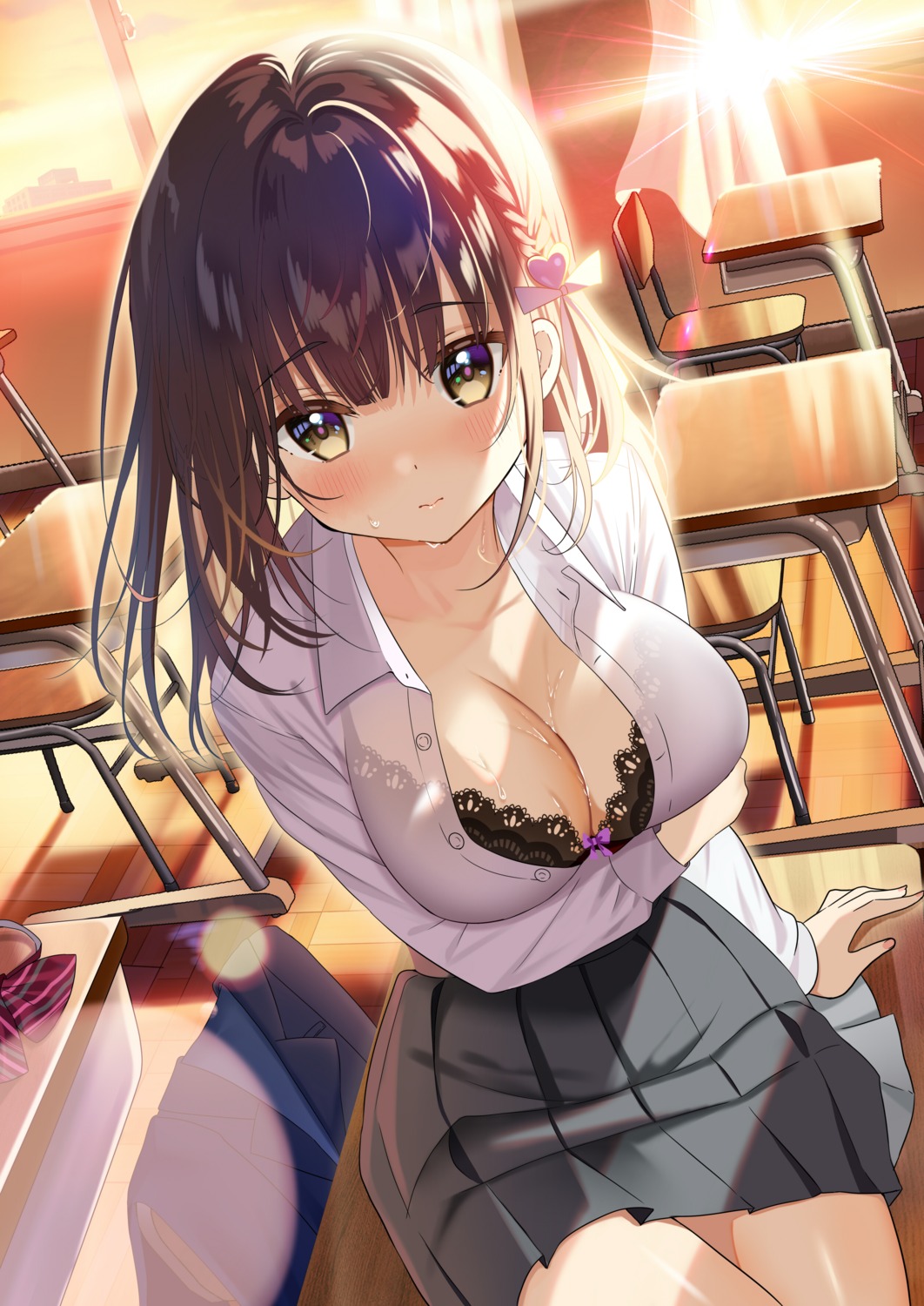 bra breast_hold cleavage dress_shirt open_shirt piyopoyo see_through seifuku wet