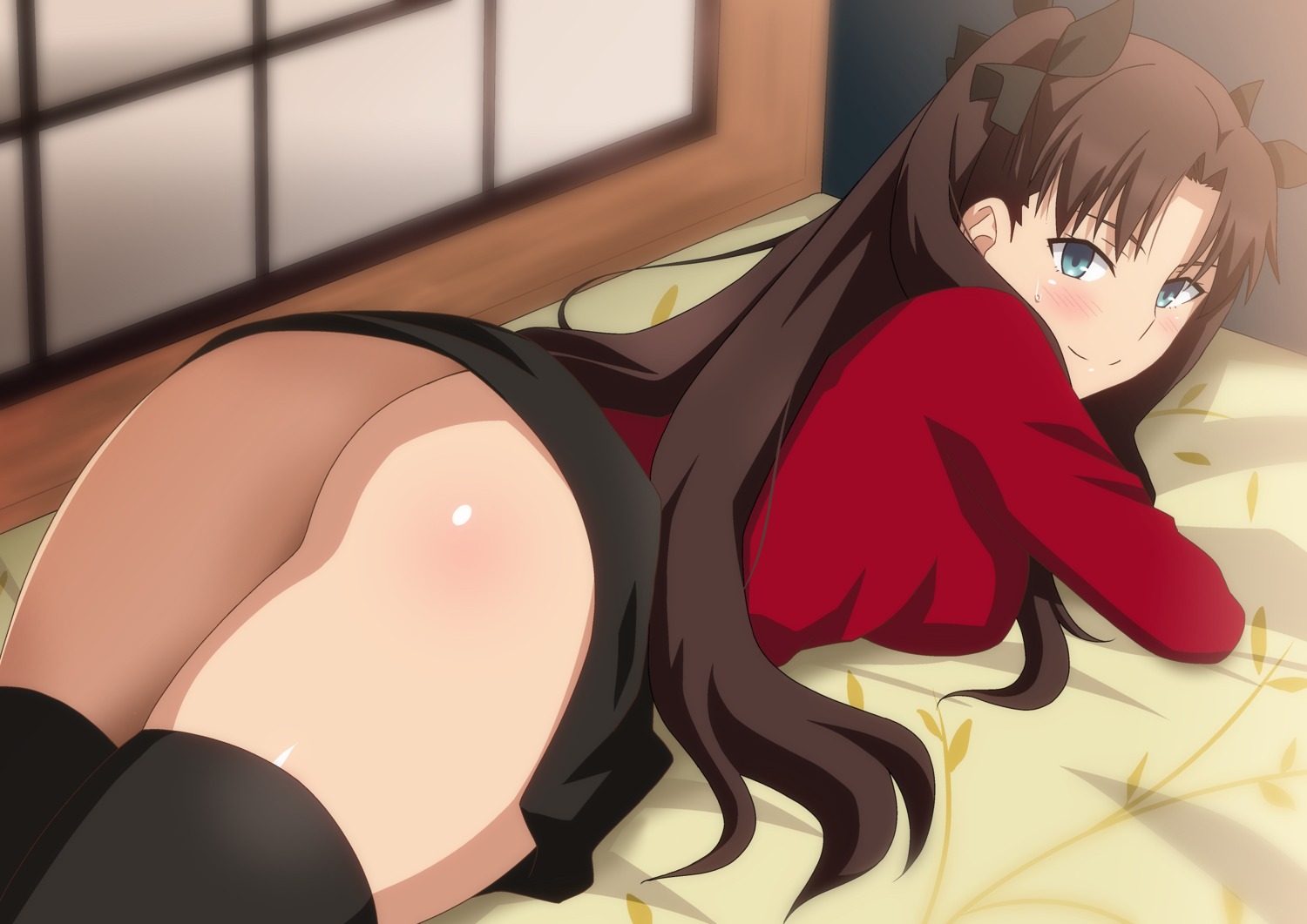 ass fate/stay_night hara_(harayutaka) nopan skirt_lift sweater thighhighs toosaka_rin