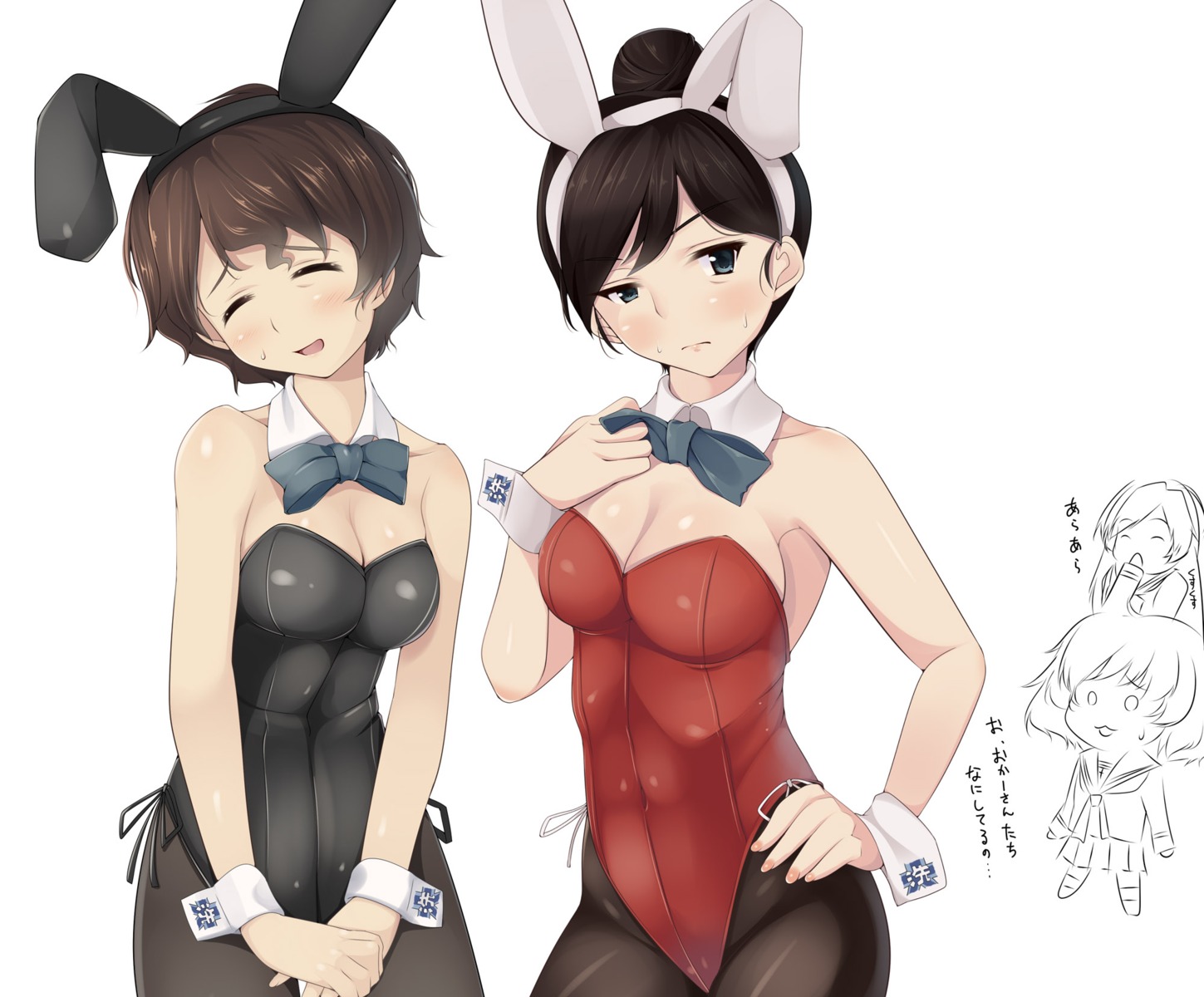 akiyama_yoshiko akiyama_yukari animal_ears bunny_ears bunny_girl chibi cleavage girls_und_panzer isuzu_hana isuzu_yuri nksk pantyhose