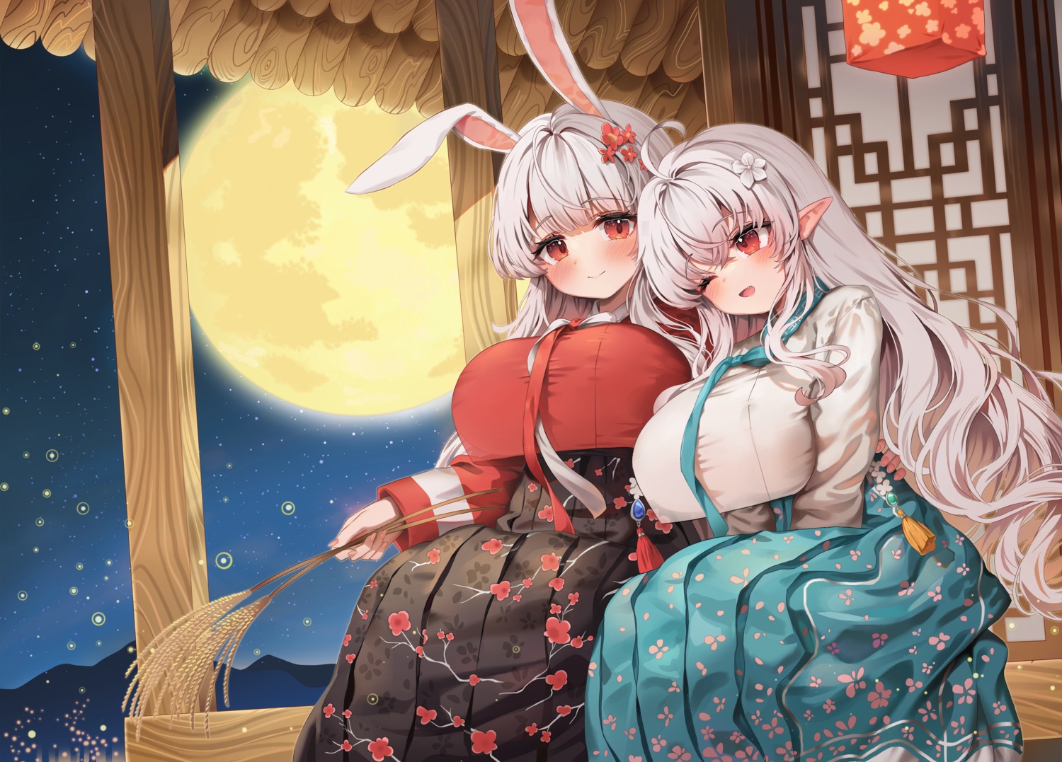 animal_ears arme_(cgsy7484) asian_clothes bunny_ears pointy_ears yuri