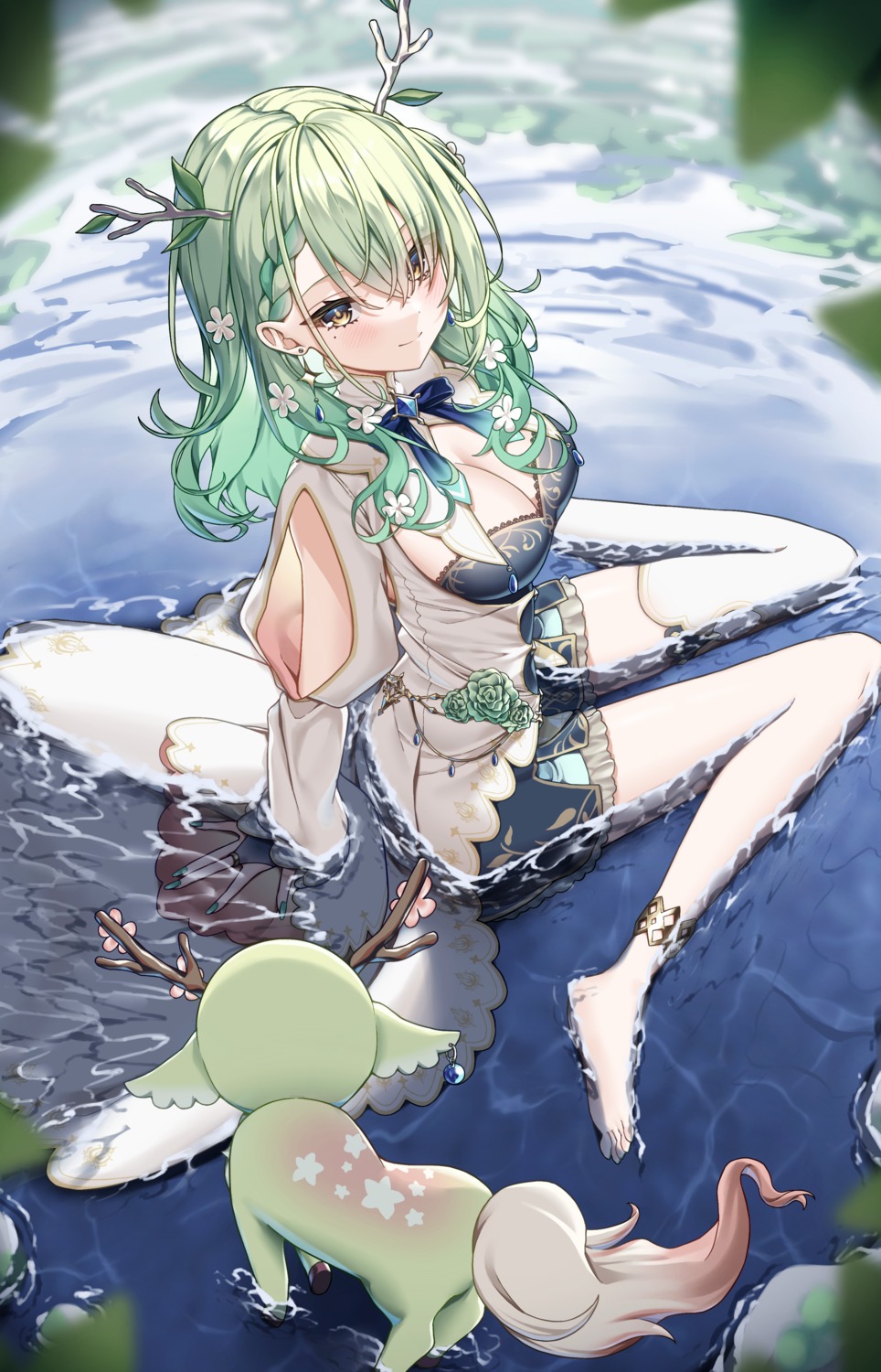 ceres_fauna hololive hololive_english honeyhoppin horns thighhighs wet