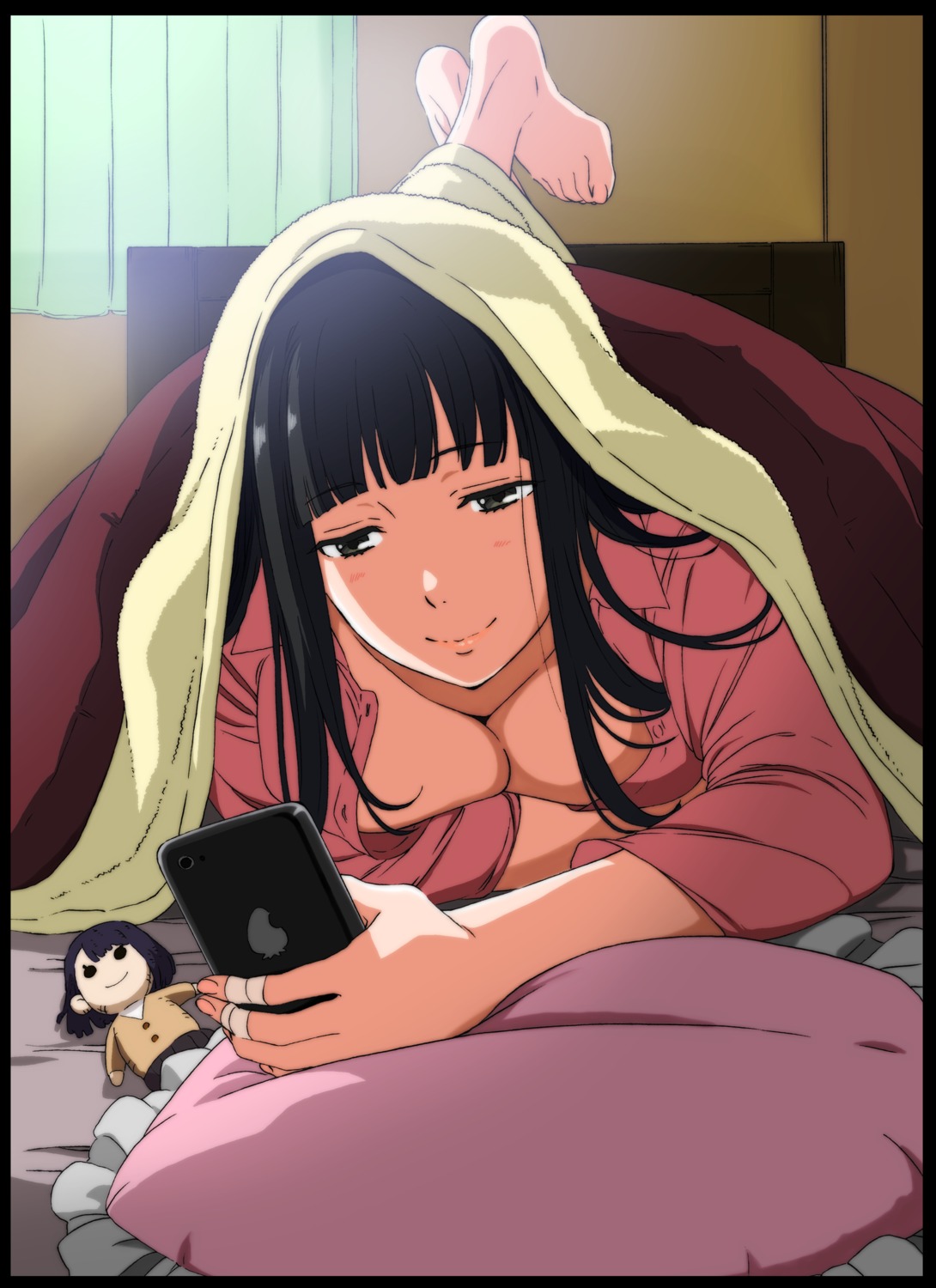 breast_hold breasts kakitama no_bra open_shirt pajama sheets