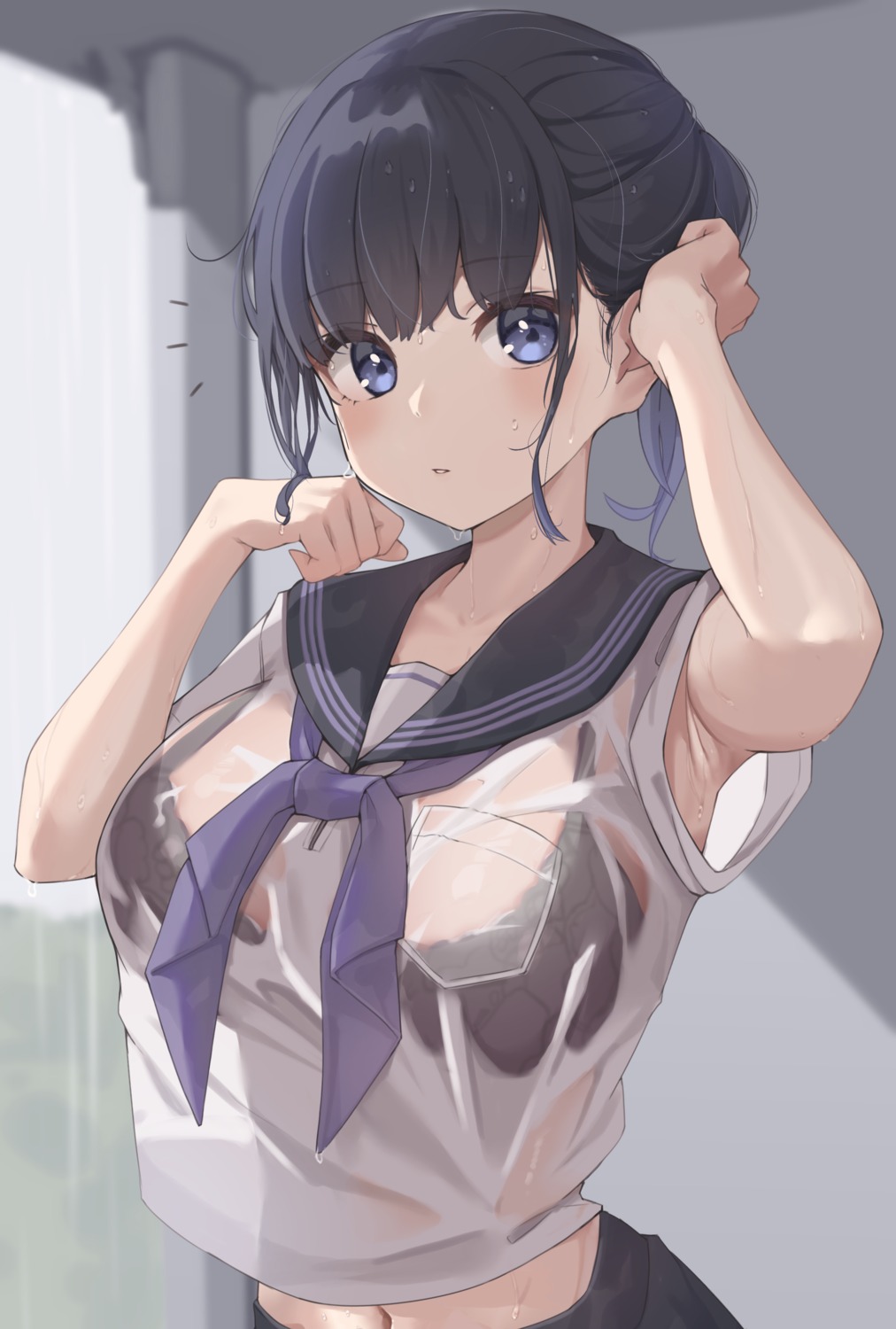 bra kopaka_(karda_nui) see_through seifuku wet_clothes