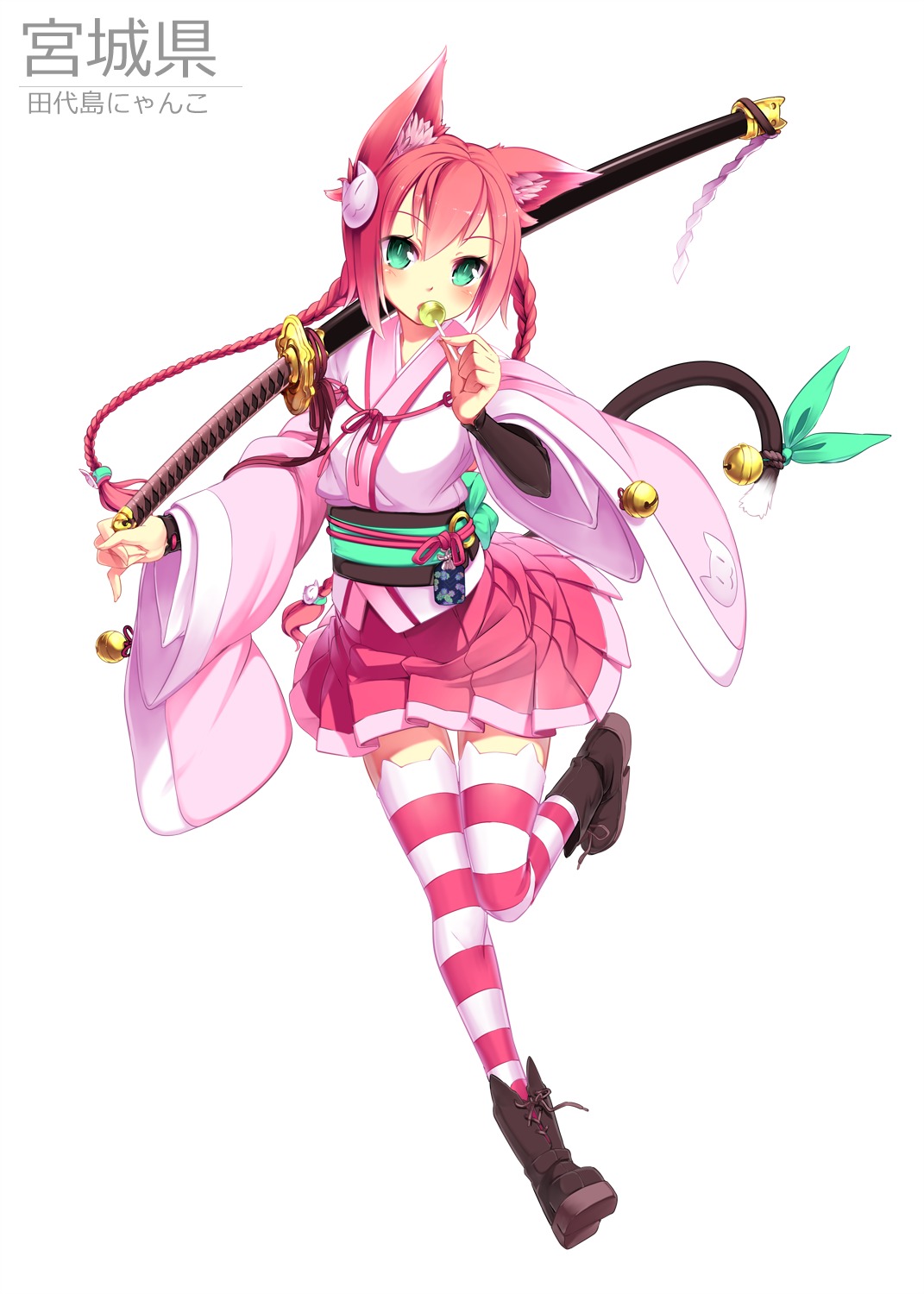 animal_ears aoi_tsunami japanese_clothes nekomimi sword tail thighhighs weapon