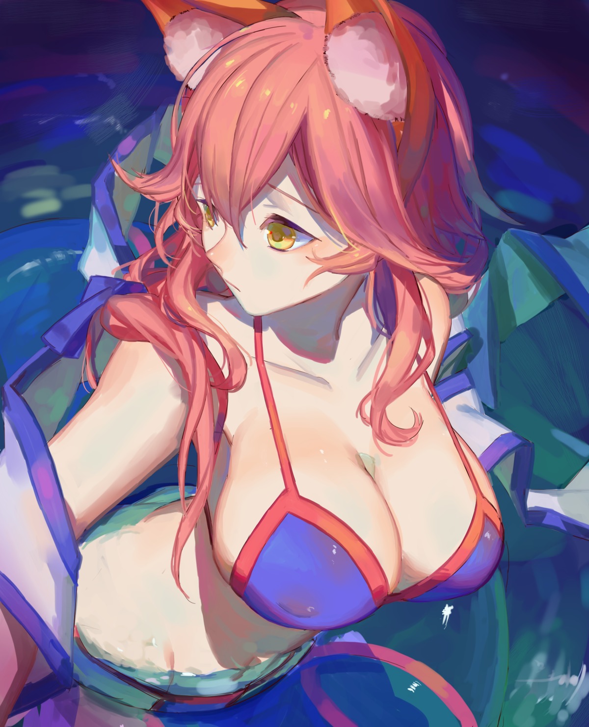 animal_ears bikini cleavage erect_nipples fate/extra fate/grand_order fate/stay_night red_cucumber swimsuits tamamo_no_mae wet