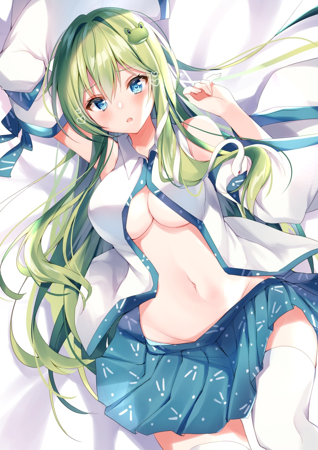 kochiya_sanae nenobi_(nenorium) no_bra nopan open_shirt skirt_lift thighhighs touhou