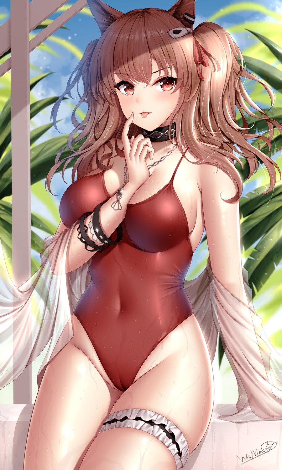 angelina_(arknights) animal_ears arknights breast_hold cameltoe garter see_through swimsuits wet wsman