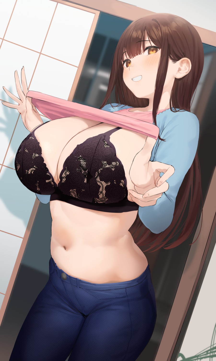 bra cleavage nekoshoko shirt_lift undressing