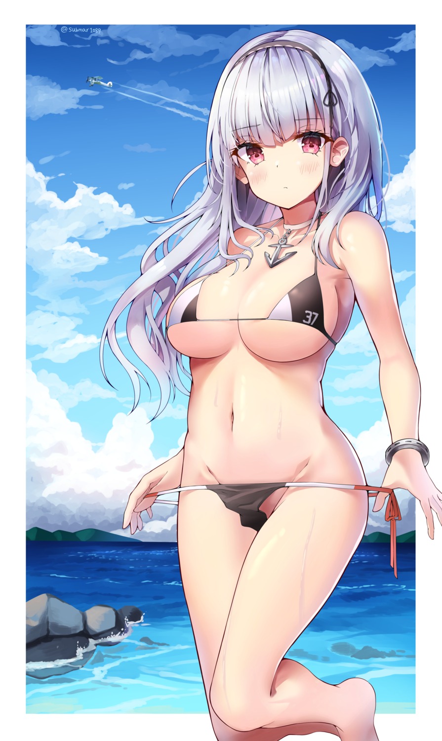 azur_lane bikini dido_(azur_lane) panty_pull sob_(submar1089) swimsuits undressing wet