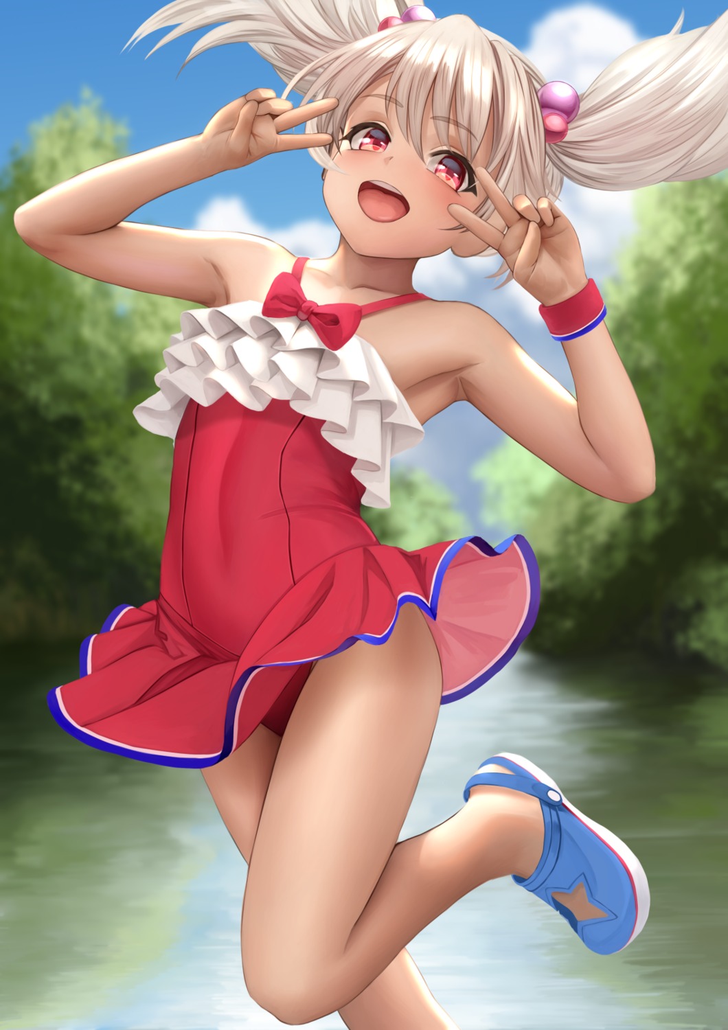 fate/kaleid_liner_prisma_illya fate/stay_night illyasviel_von_einzbern loli skirt_lift swimsuits yamaneko_(tkdrumsco)