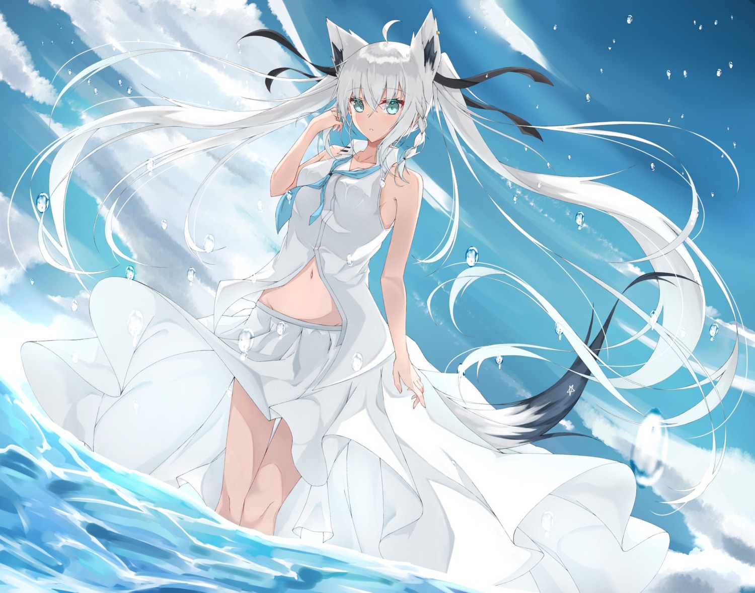 animal_ears hololive hololive_gamers kitsune shirakami_fubuki skirt_lift tail wet