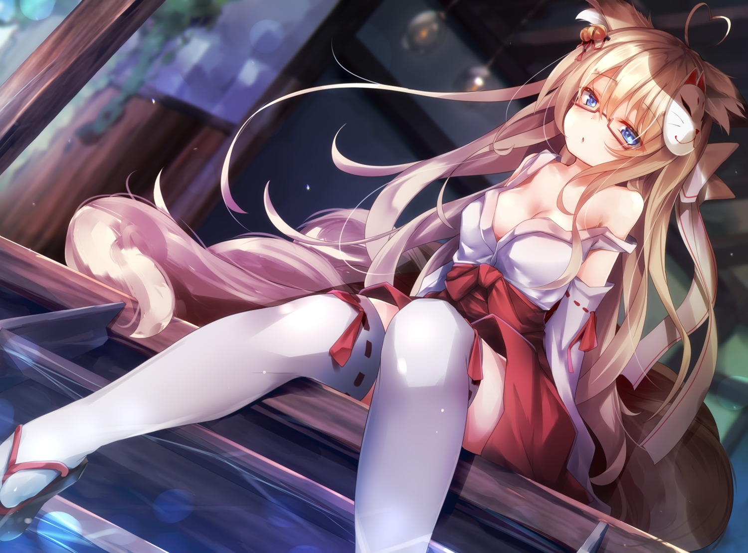 animal_ears kitsune megane miko no_bra open_shirt tagme tail thighhighs