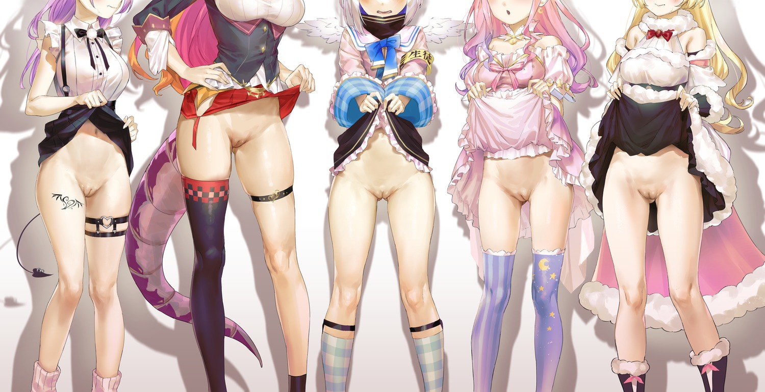 amane_kanata cameltoe garter himemori_luna hololive kiryuu_coco kuroi_suna nopan pussy seifuku skirt_lift tail tattoo thighhighs tokoyami_towa tsunomaki_watame uncensored wings