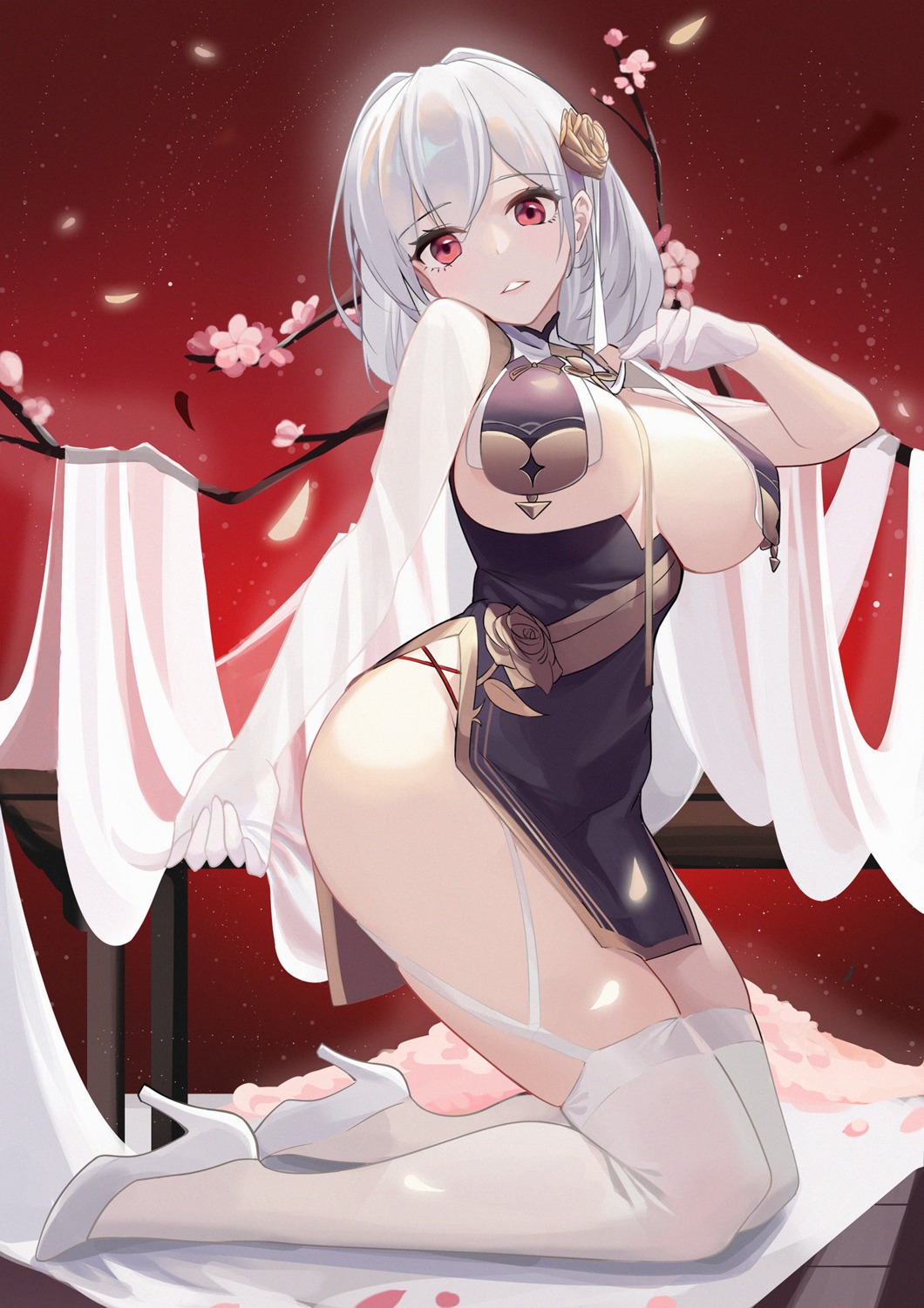 asian_clothes azur_lane heels komi_(komiking) no_bra sirius_(azur_lane) stockings thighhighs