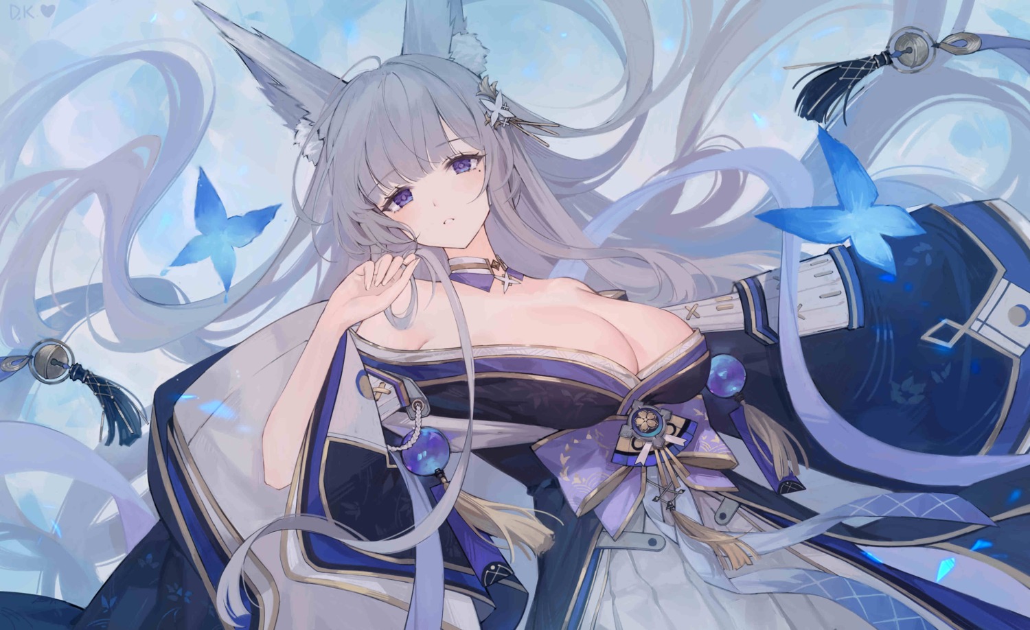 animal_ears azur_lane daichengqi japanese_clothes jpeg_artifacts kitsune no_bra open_shirt shinano_(azur_lane)