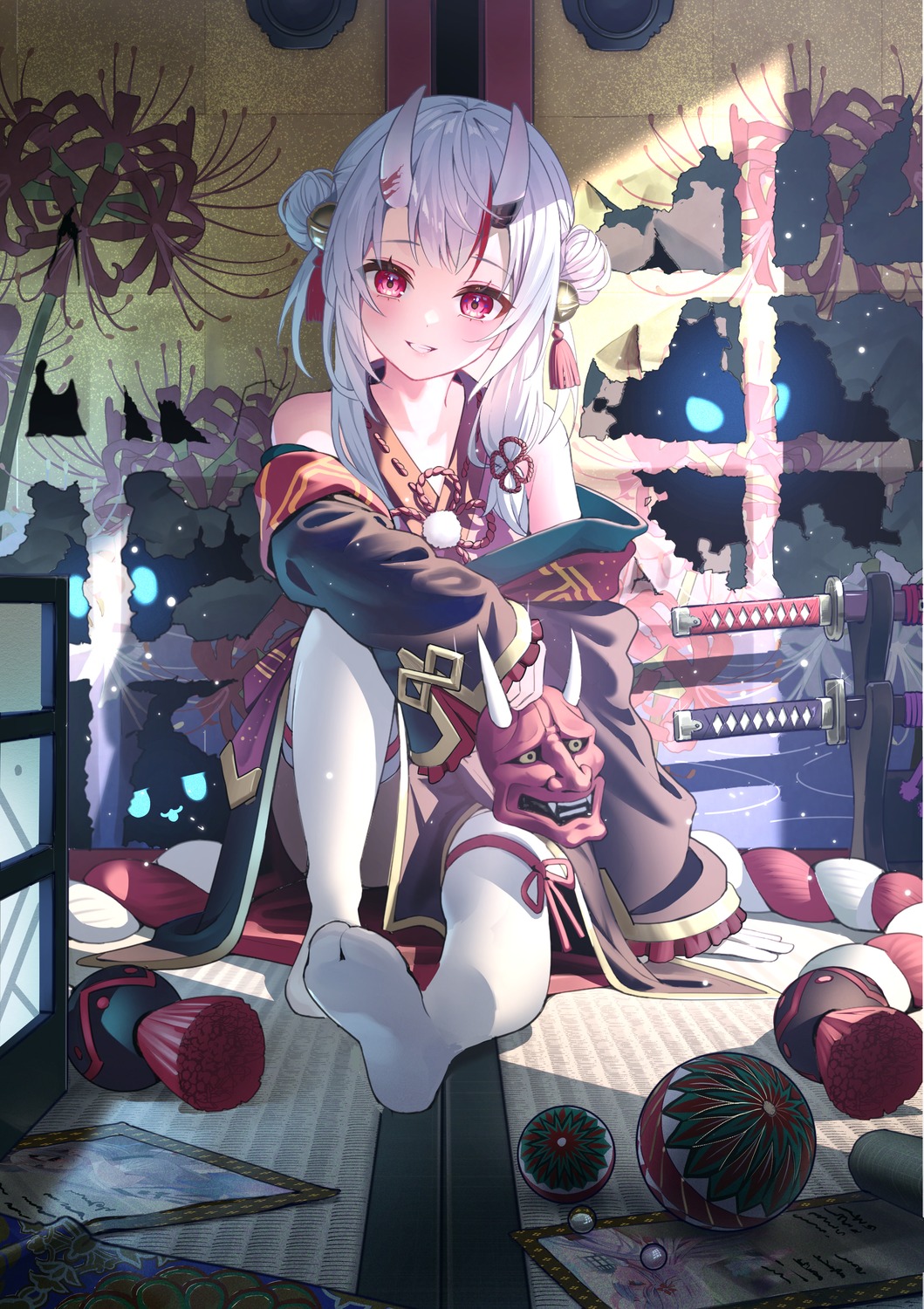 feet garter hololive horns japanese_clothes midori_matsukaze nakiri_ayame sword thighhighs