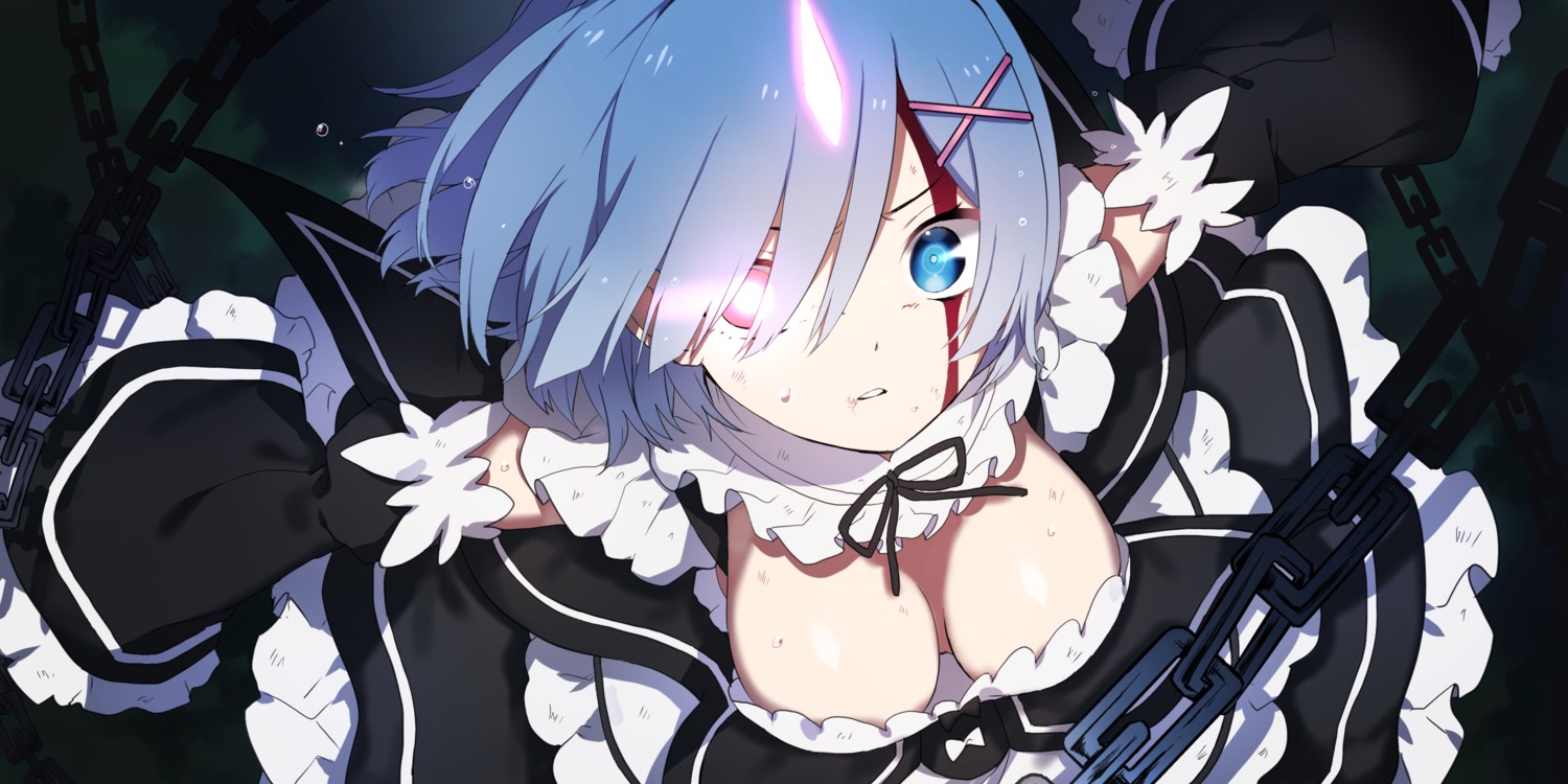 blood horns maid mashiro_(rikuya) no_bra open_shirt re_zero_kara_hajimeru_isekai_seikatsu rem_(re_zero) weapon