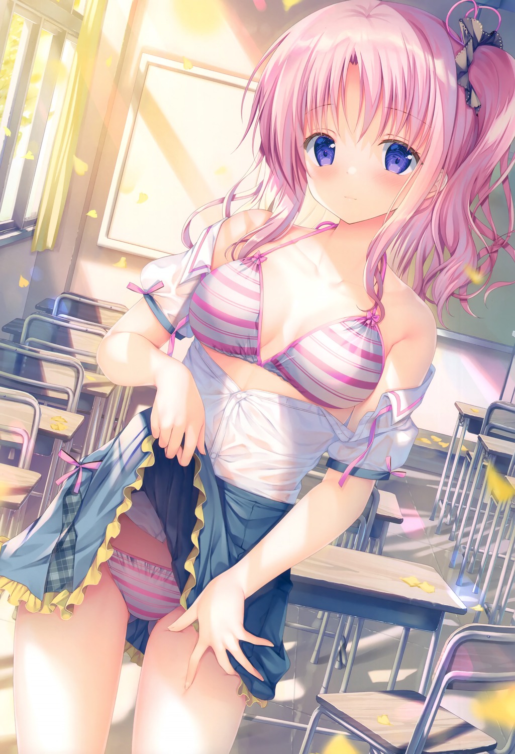 bikini izumi_kaori_(twinbox) open_shirt see_through seifuku skirt_lift swimsuits twinbox twinbox_school wet_clothes