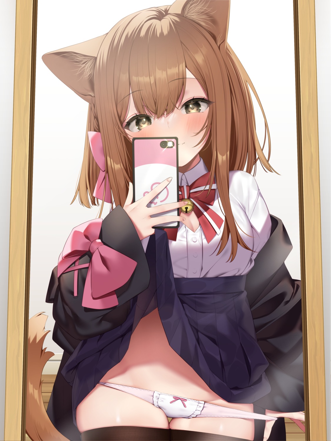 animal_ears haiba nekomimi nekosoma_rion pantsu panty_pull pantyhose seifuku selfie skirt_lift tail undressing