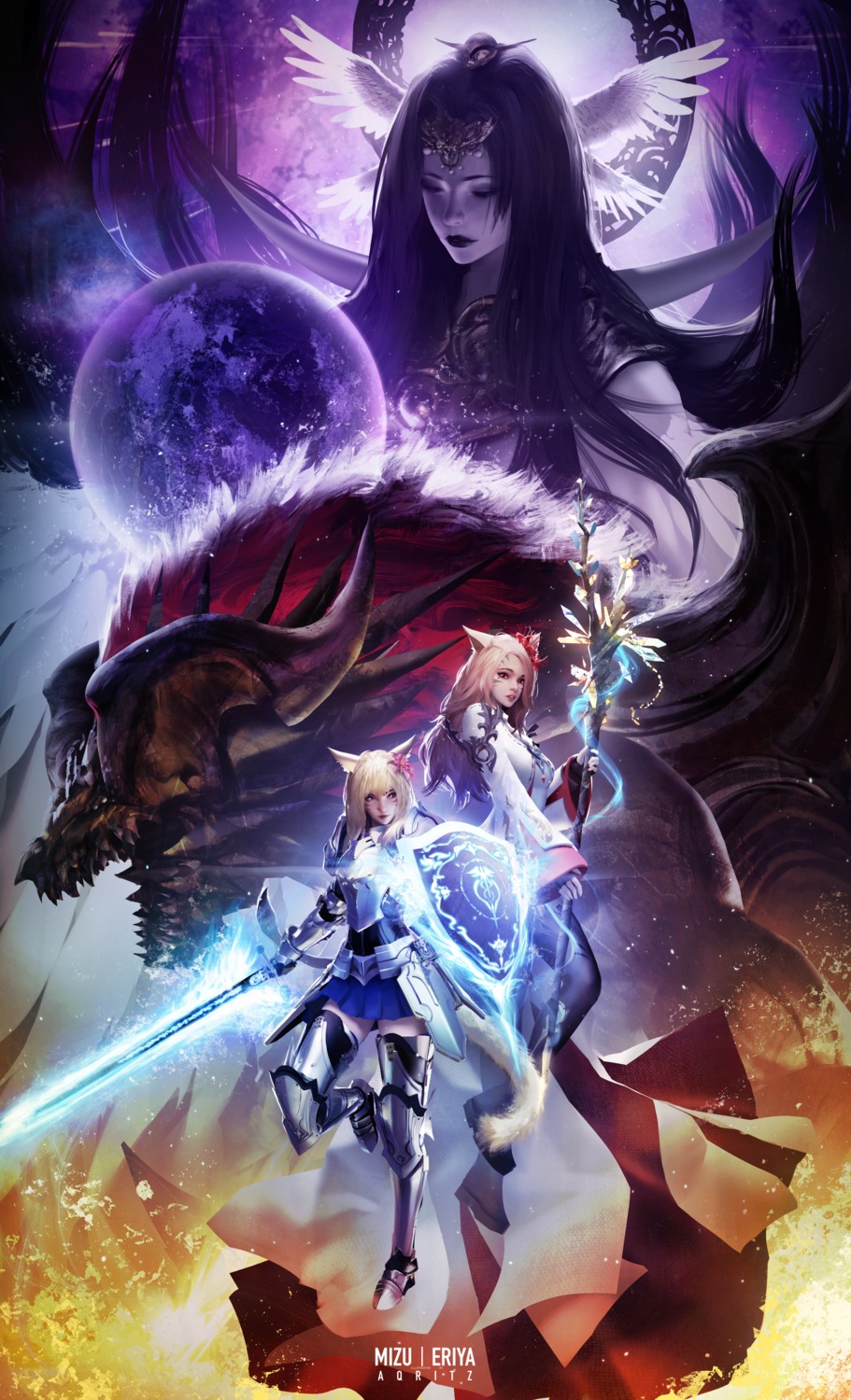 animal_ears aqritz armor final_fantasy final_fantasy_xiv miqo'te monster nekomimi sword tail thighhighs weapon wings