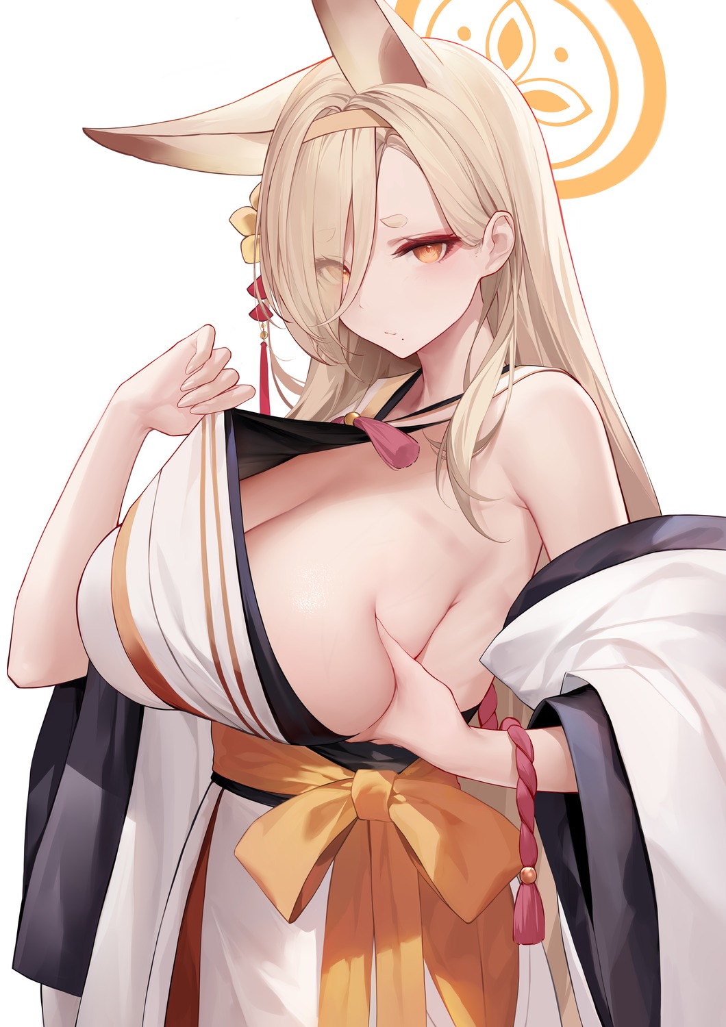 an_yasuri animal_ears blue_archive breast_hold halo japanese_clothes kitsune kuwakami_kaho no_bra undressing