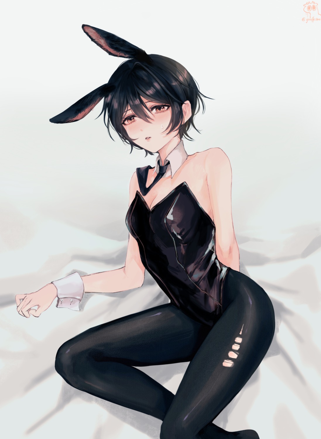 animal_ears bunny_ears bunny_girl cleavage d4dj giraffe_three miyake_aoi no_bra pantyhose torn_clothes