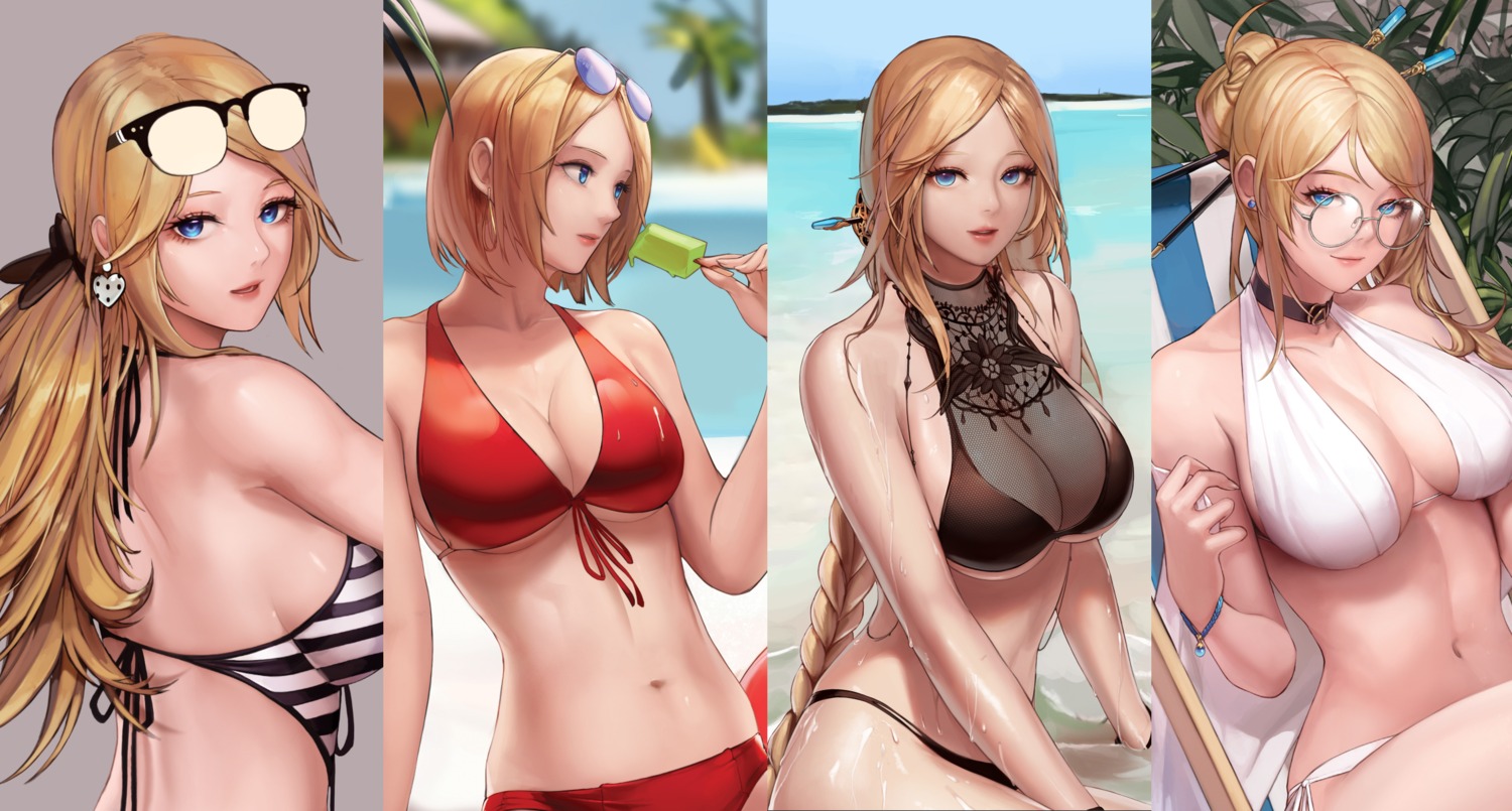 bikini cleavage dungeon_fighter megane monaim see_through swimsuits underboob wet