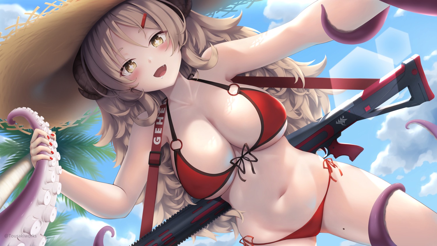 bikini blue_archive gun shishidou_izumi swimsuits tentacles tousaki_(tousakiworks) wallpaper