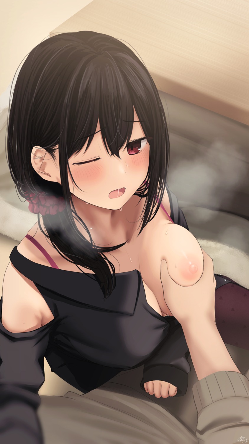 bra breast_grab breasts nipples no_bra open_shirt pantyhose ramchi yandere-chan_(ramchi)