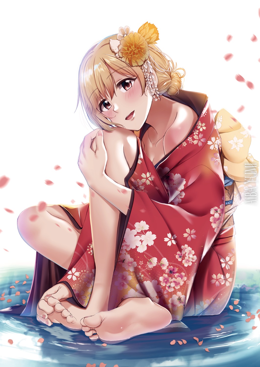 aiba_yumi casino_(casinoep) feet no_bra open_shirt the_idolm@ster the_idolm@ster_cinderella_girls wet yukata