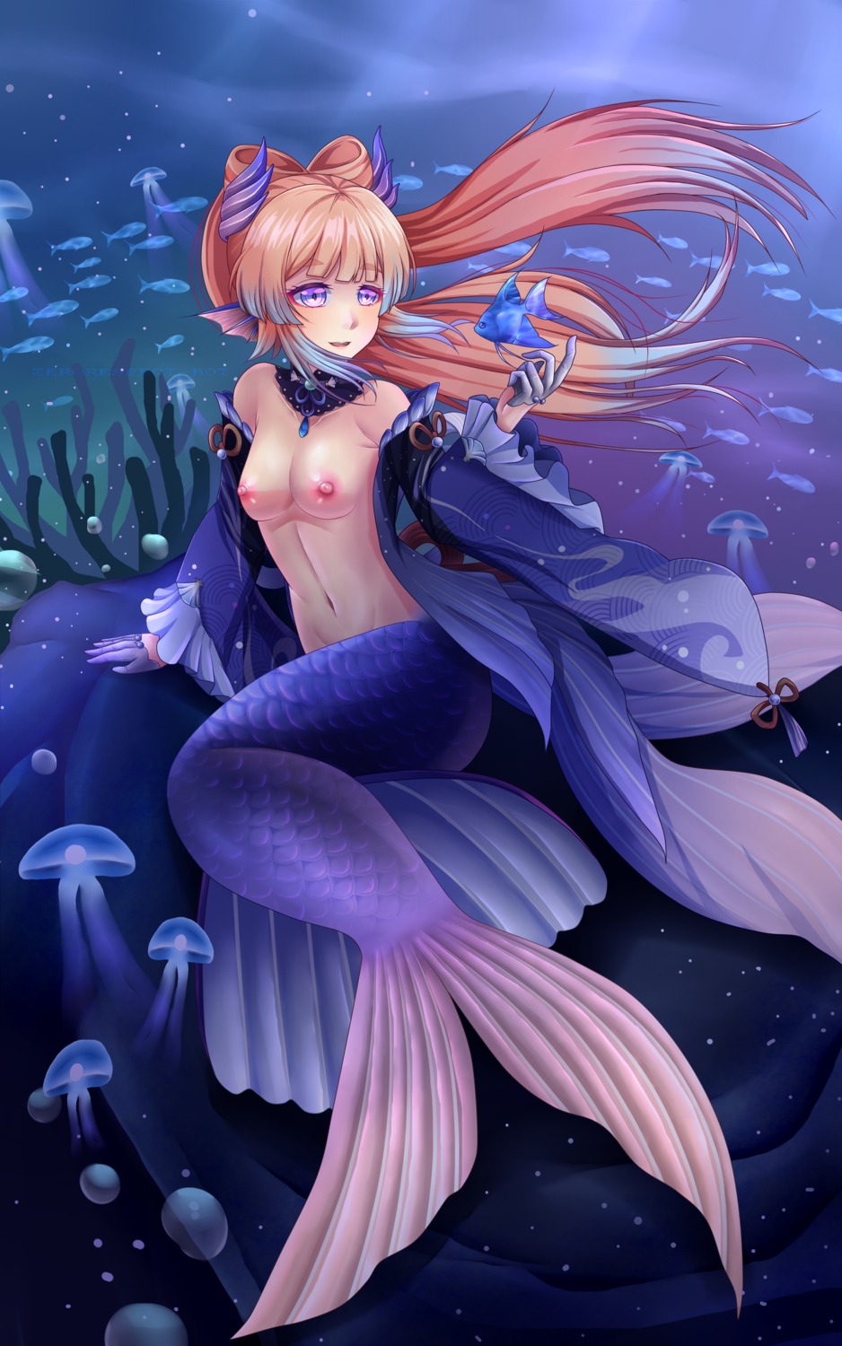 breasts genshin_impact mermaid monster_girl nipples no_bra open_shirt sangonomiya_kokomi tail zerorespect_bot