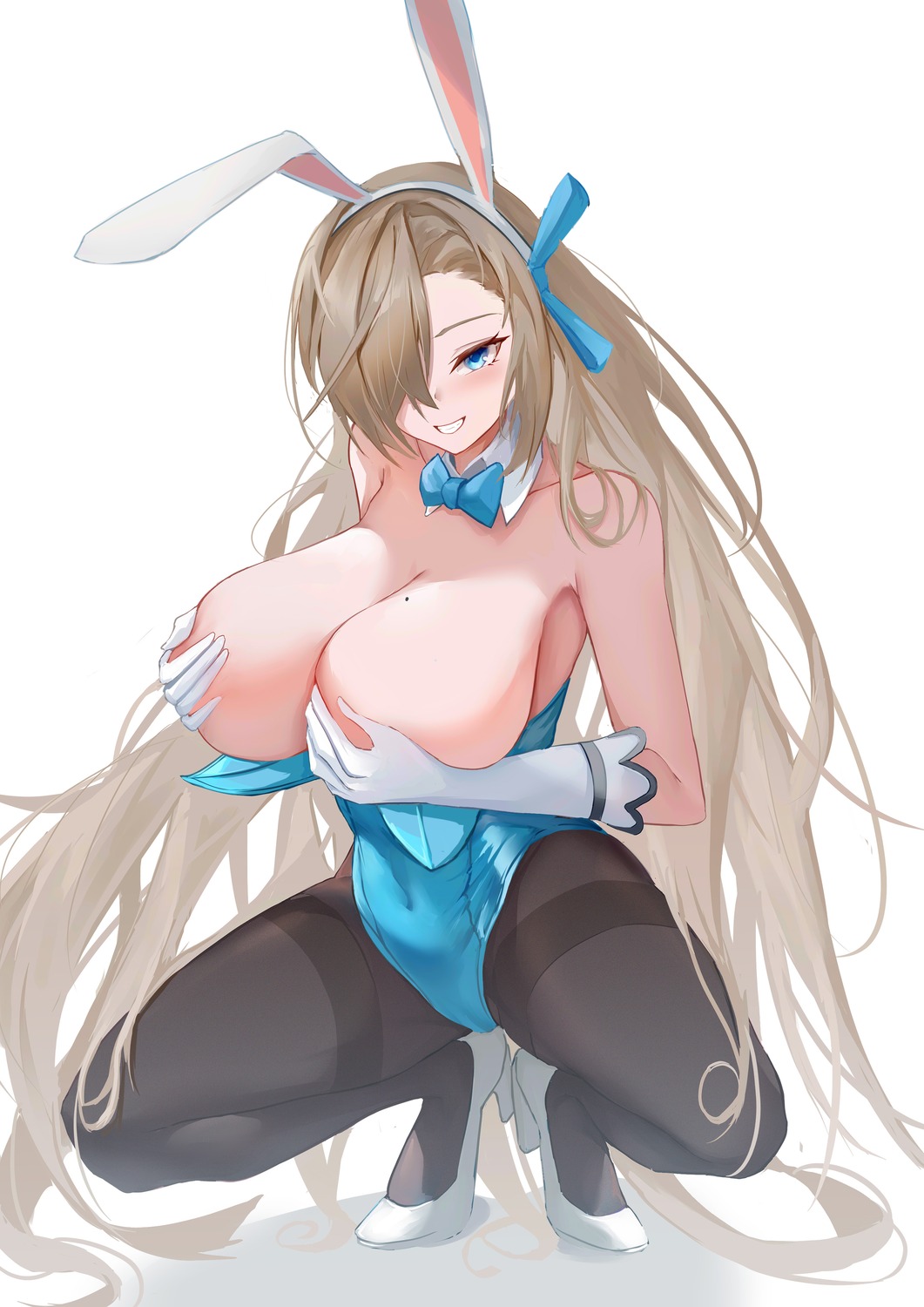 animal_ears blue_archive breast_hold breasts bunny_ears bunny_girl heels ichinose_asuna joker0744g no_bra pantyhose