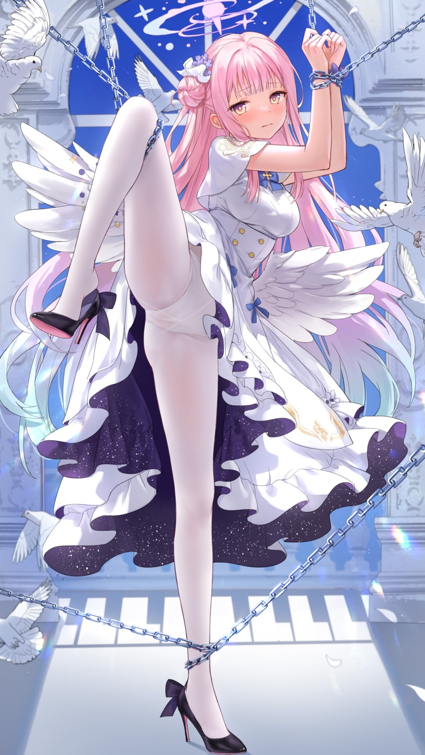 angel blue_archive bondage devil_heavens dress heels misono_mika pantsu pantyhose skirt_lift wings