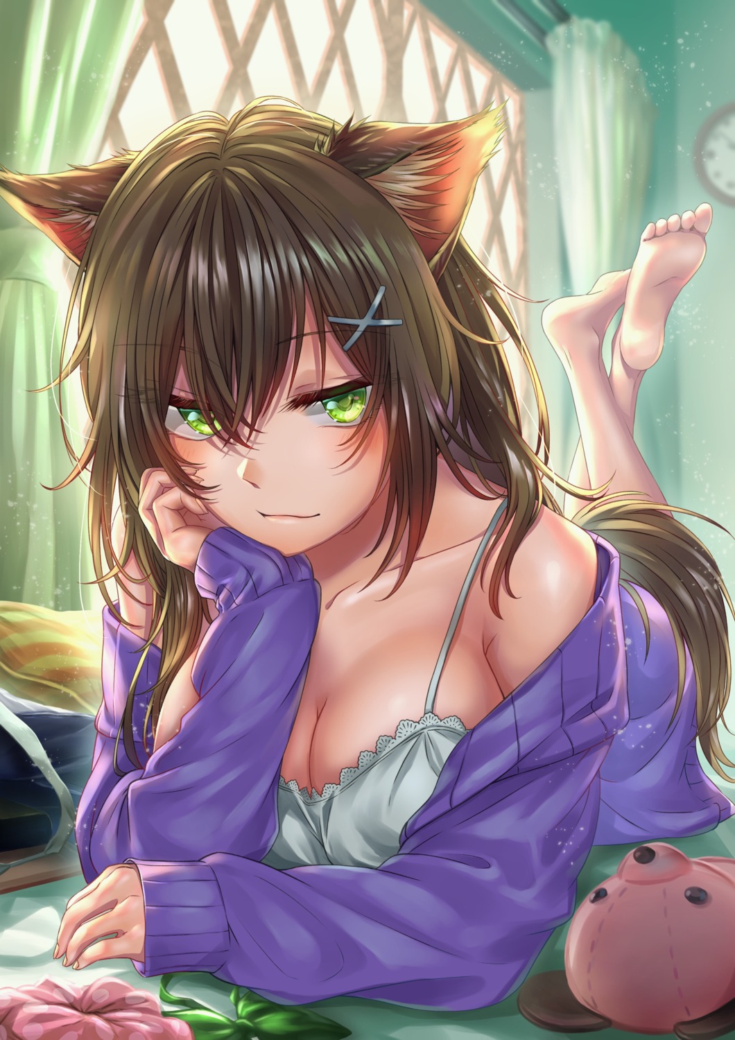 animal_ears cleavage lingerie nekomimi open_shirt routo_(rot_0) sweater tail